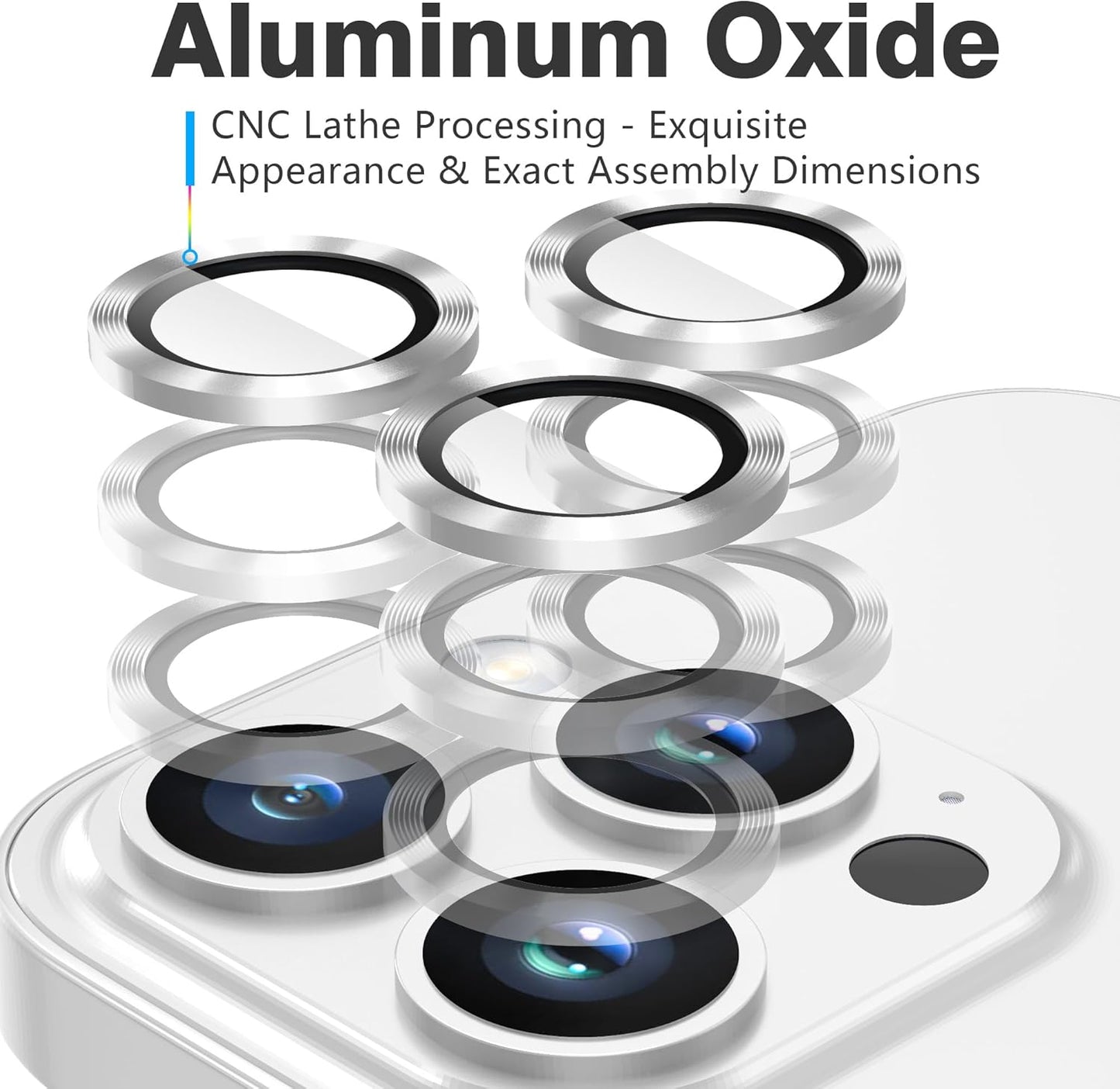 AGVEE 3+3 Camera Lens Protector for iPhone 15 Pro 6.1" / 15 Pro Max 6.7", Brushed Metal Ring 9H Tempered HD Glass Camera Protector Cover Film, Silver