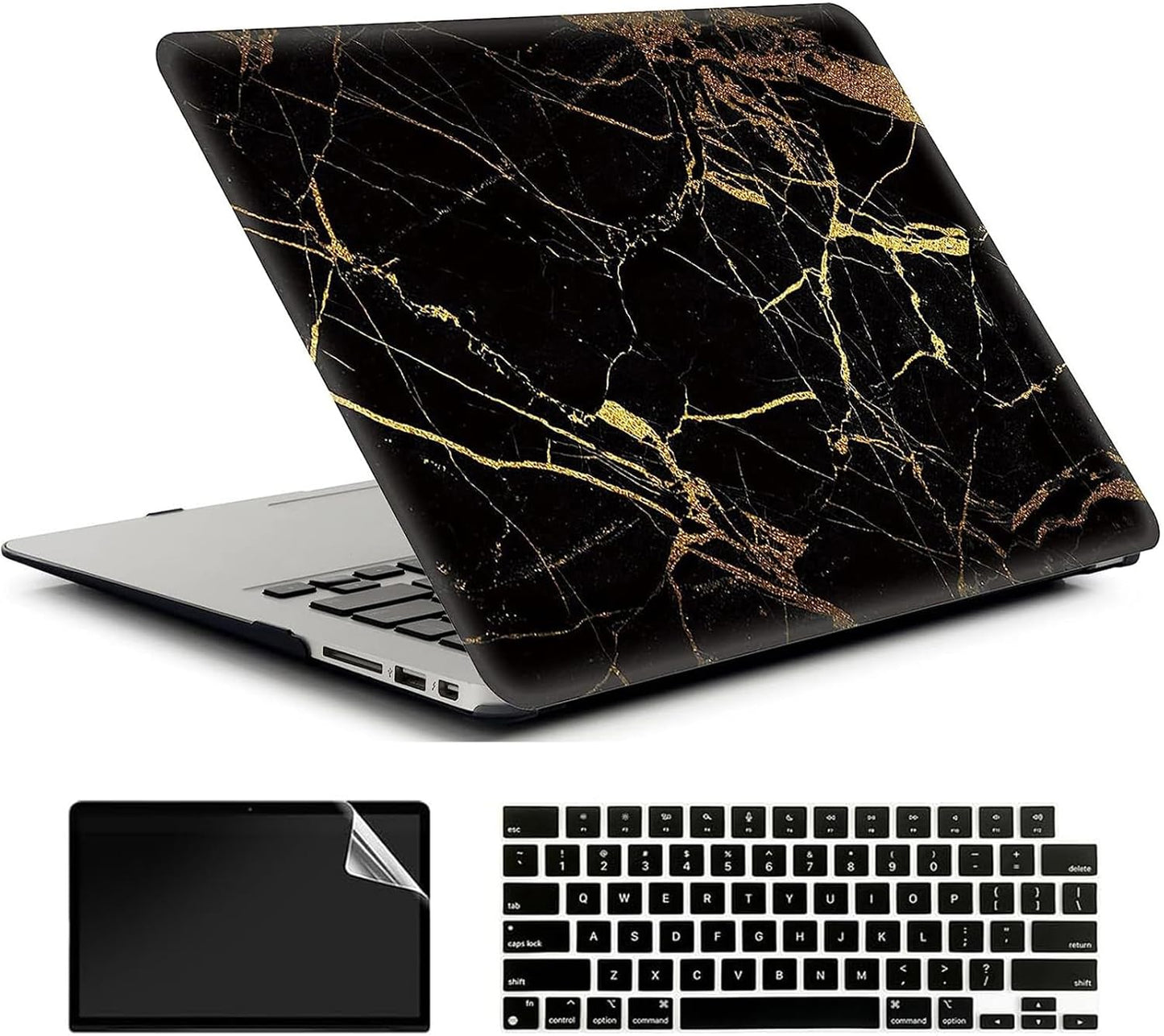 Black Gold Marble Laptop Cover Compatible with MacBook Air 13/13.3 Inch Case 2017 2016 2015 2014 2013 2012 2011 2010 A1466/A1369, AMCJJ Plastic Hard Shell Case & Keyboard Cover &Screen Protector