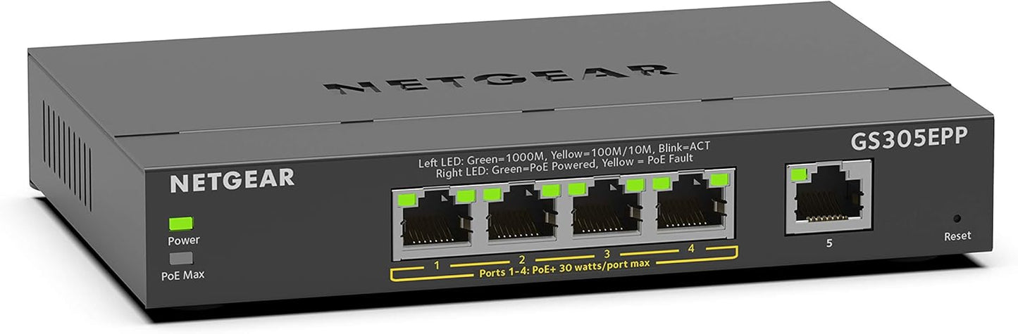 NETGEAR 5 Port PoE Gigabit Ethernet Easy Smart Managed Essentials Switch (GS305EPP) - with 4 x PoE+ @ 120W, Desktop or Wall Mount