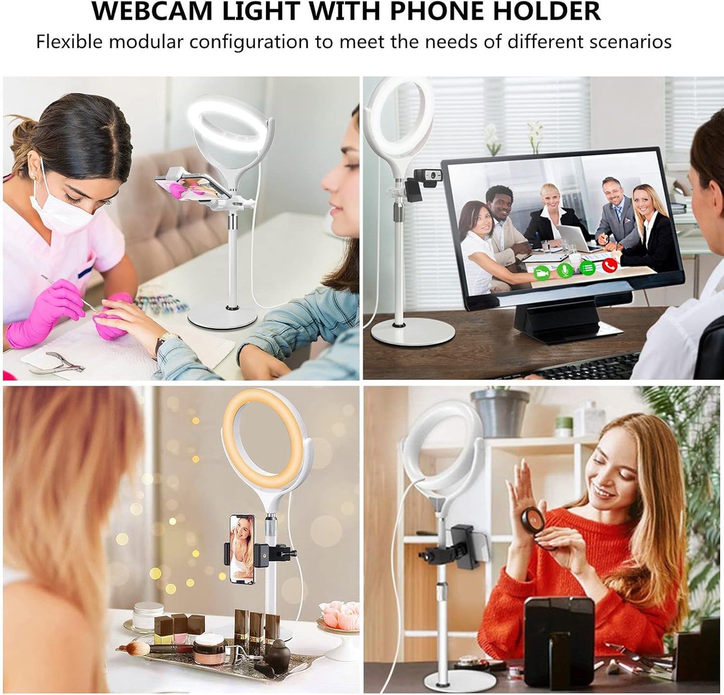 8 inch Desk Ring Light with Stand, Adjustable Computer Circle Light for Video Conference Lighting, Zoom Calls, Virtual Meeting, Video Recording, Selfie Light with Phone Holder for Streaming, Podcast