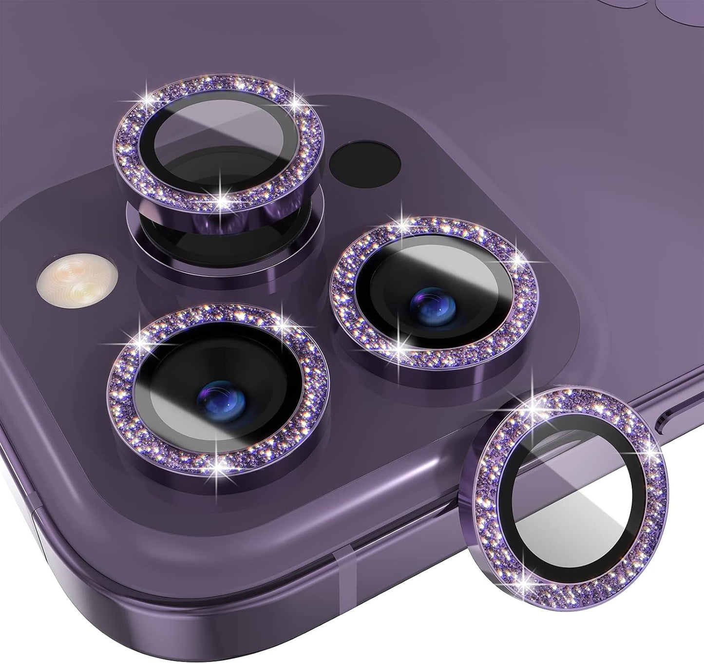 Choiche [3+1 for iPhone 14 Pro/iPhone 14 Pro Max Camera Lens Protector Bling, 9H Tempered Glass Camera Cover Screen Protector Metal Ring Decoration Accessories (Glitter-Purple)