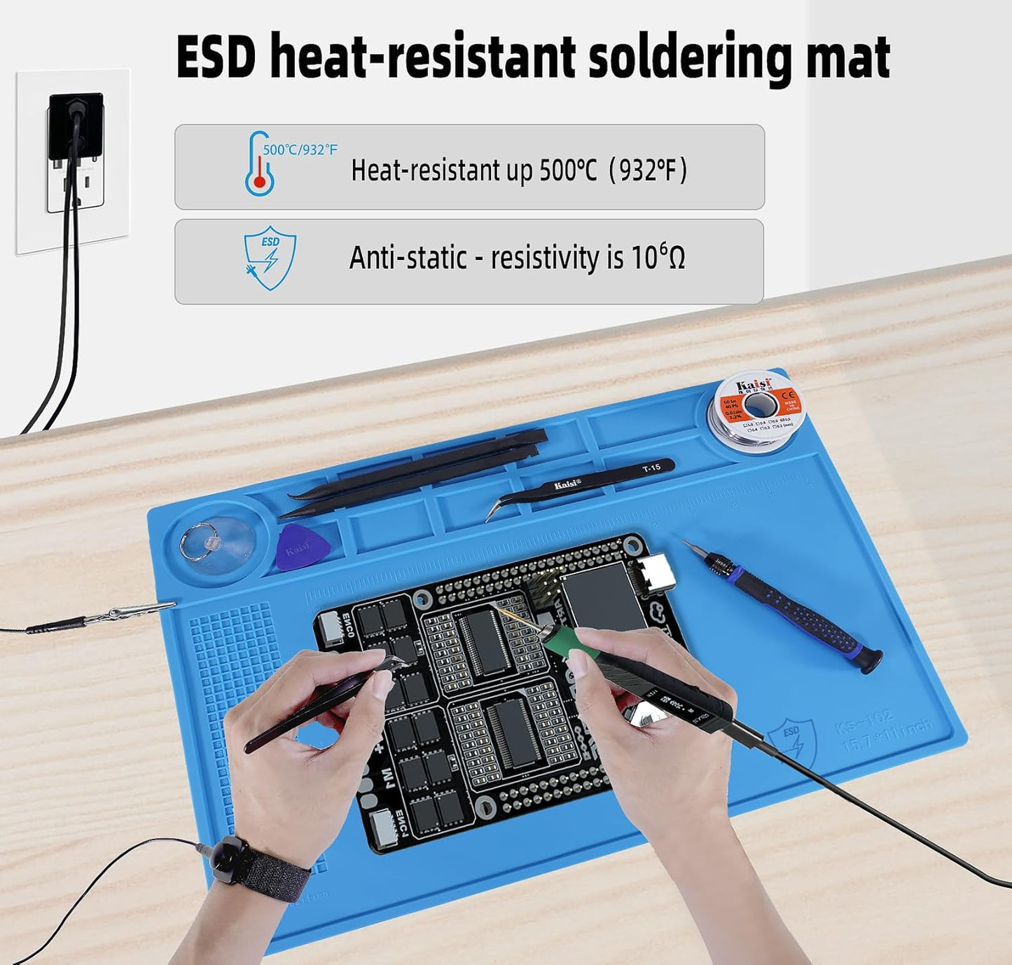 Kaisi Anti-Static Mat with ESD Wrist Strap and Grounding kit, Silicone Soldering Repair Work Mat 932°F Heat Resistant ESD Safe pad for Electronic, Phone, iPhone, iPad, iMac, Laptop, Computer, Watch
