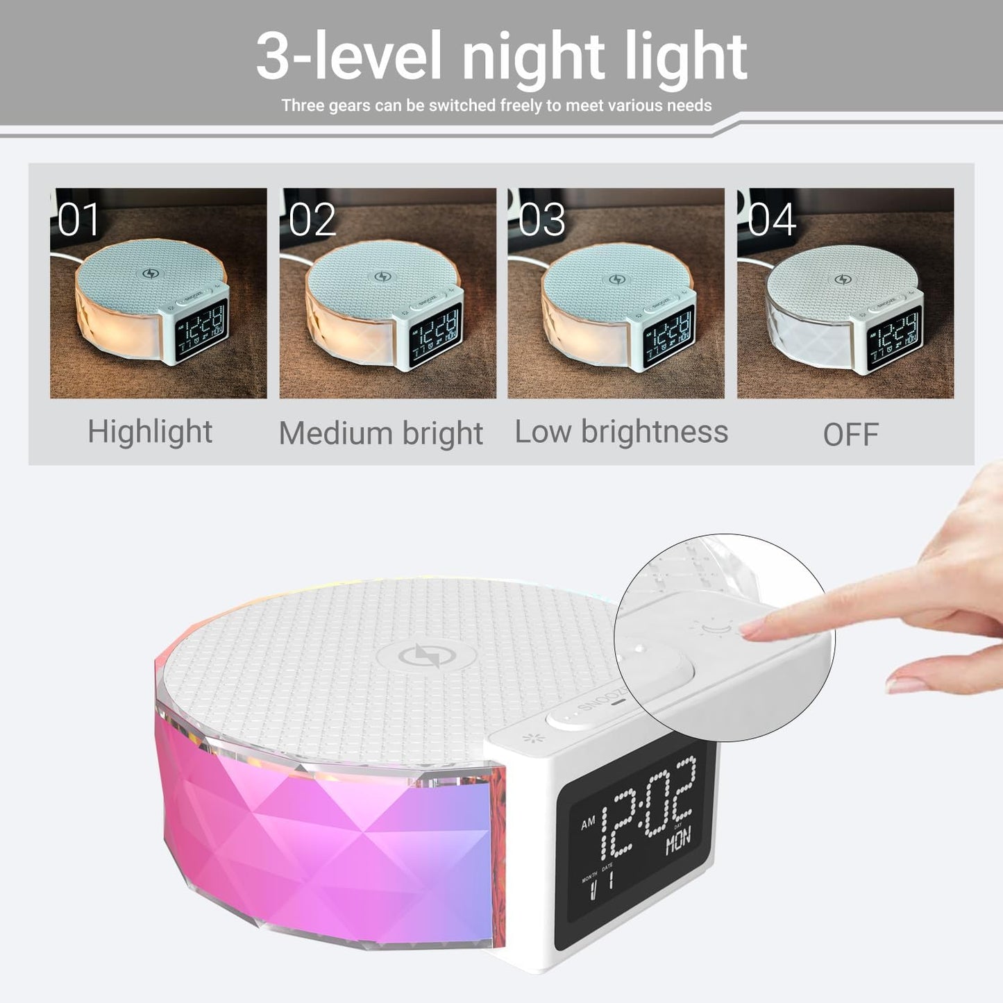 Alarm Clock with Fast Wireless Charging 15W,Digital Alarm Clock Night Lamp for Bedroom, RGB Nightlight for 5 Colors,Snooze Mode,8 Types of Music with Cable (White)