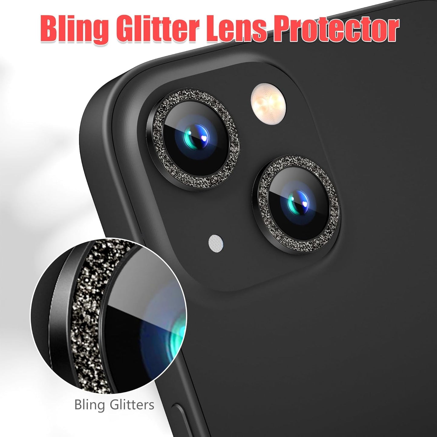 AGVEE 3+3 6 Pack for iPhone 15/15 Plus, Bling Diamond & Glitter Metal Ring 9H Tempered HD Glass Camera Protector Cover Film