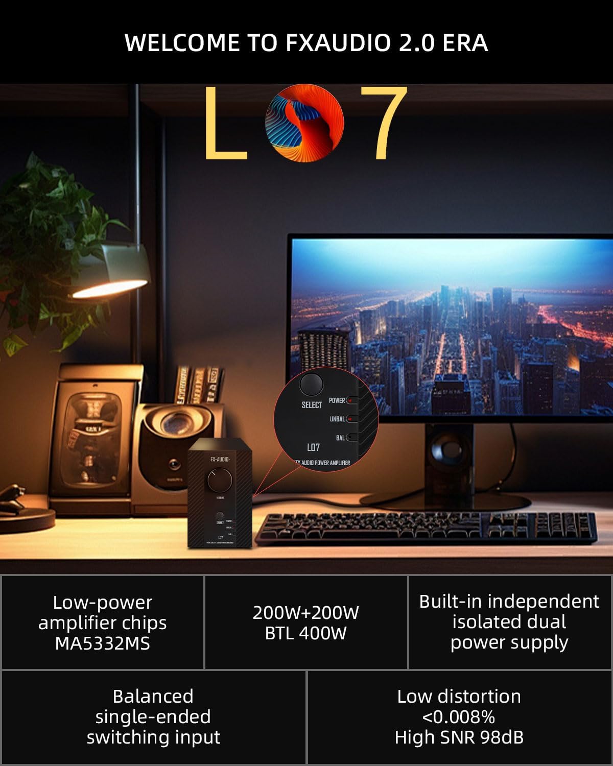 FX-Audio- L07 Stereo Audio Amplifier 200W x2 MA5332MS 2 Channel Class D Power Amp Bridgeable BTL 400W Hi-Fi Fully Balanced Amp for Passive Bookshelf Desktop Speakers Home Theater