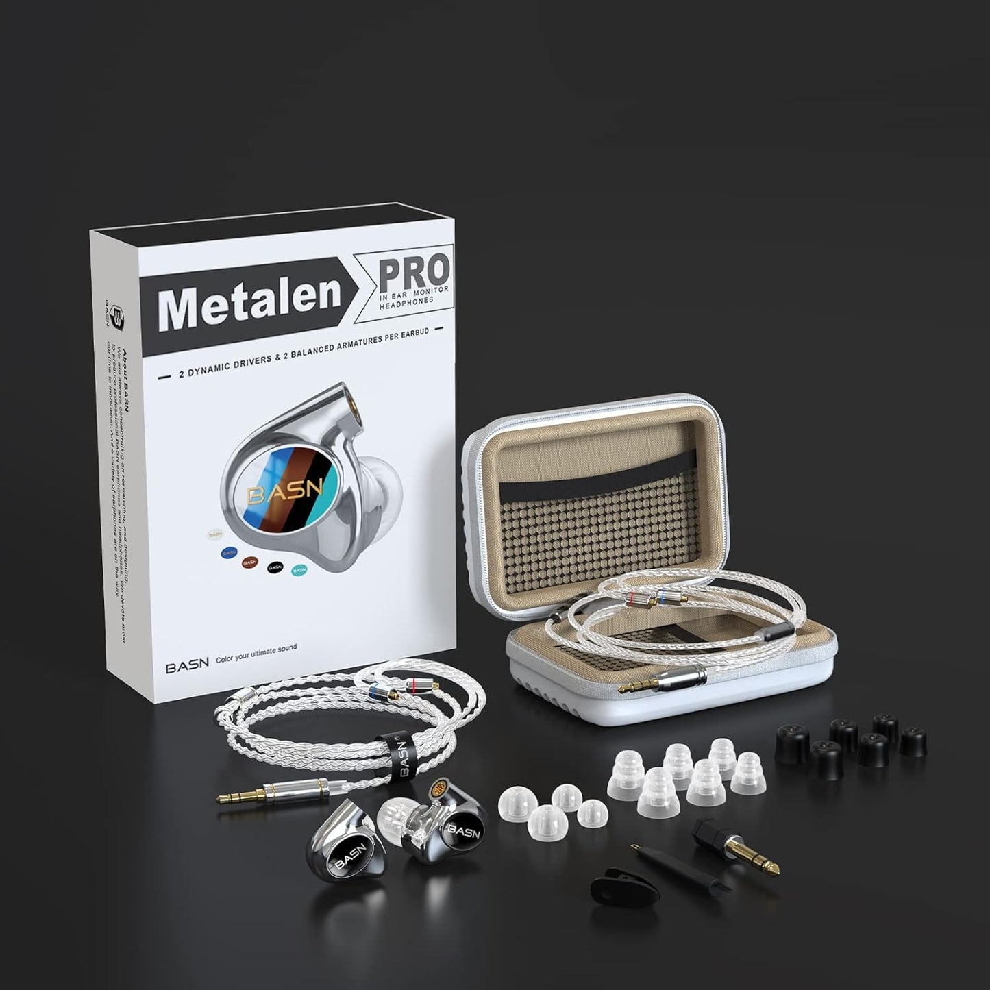 BASN Metalen PRO 4 Drivers in-Ear Monitors Headphones for Musicians, Noise Isolating Enhanced Bass Sound Earphones with CNC Metal Craft Shell, Wired Upgraded Detachable MMCX Cables(Gloss Black)