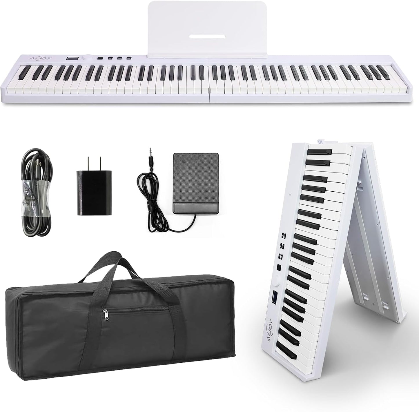 AiJoy 88 Key Beginner Piano Keyboard with Semi-Weighted Keys, 128 Tones, Speakers, USB MIDI, Carry-Bag, Sustain Pedal and Stand, White