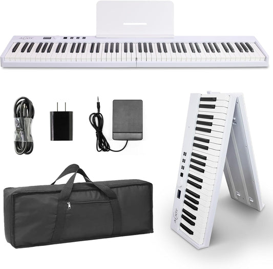AiJoy 88 Key Beginner Piano Keyboard with Semi-Weighted Keys, 128 Tones, Speakers, USB MIDI, Carry-Bag, Sustain Pedal and Stand, White