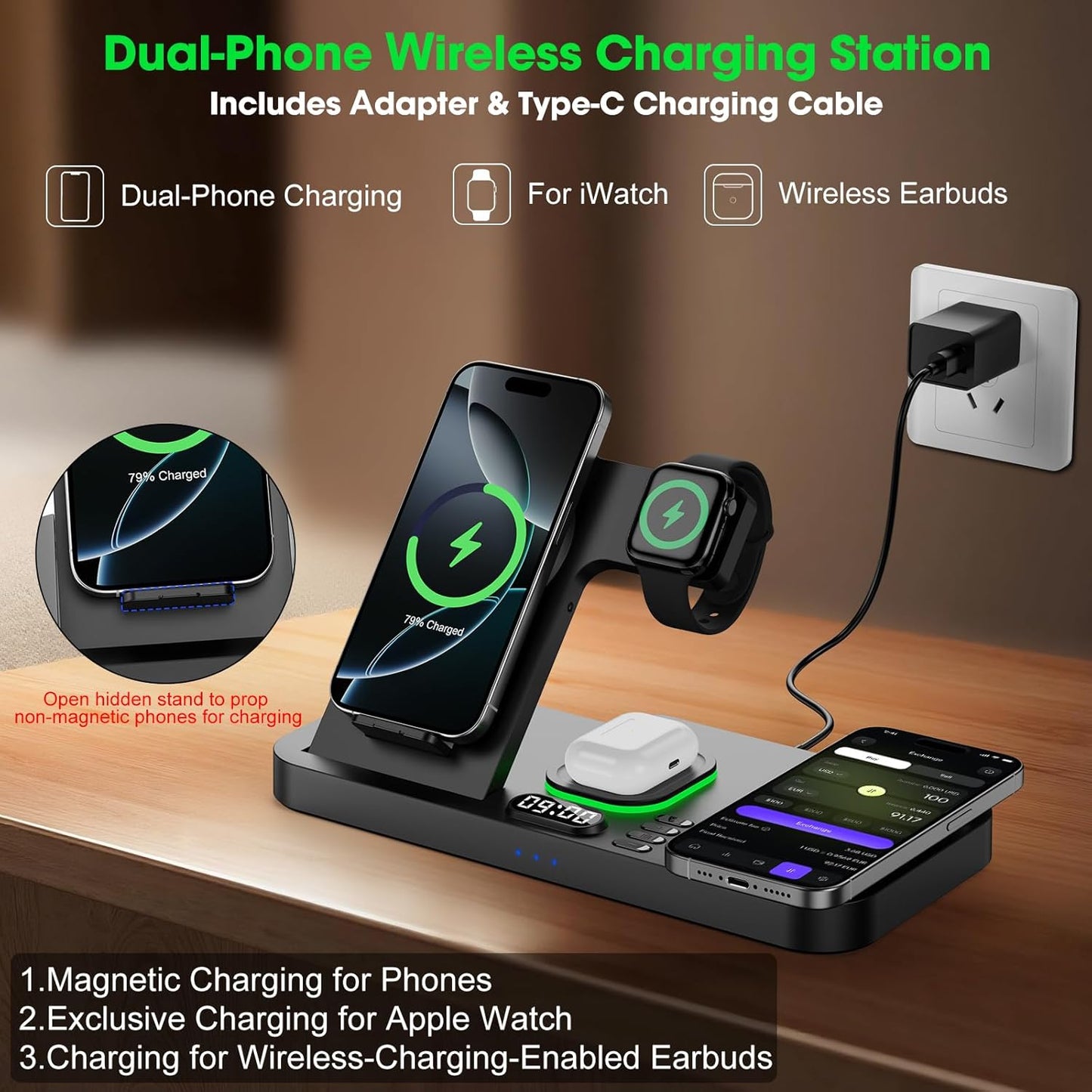 Dual Phone Wireless Charging Station for Apple Devices, Magnetic Charging Station for iPhone with Auto Switch 7-Color Light&Clock, Family Watch Charger for iPhone17 for iWatch10 for AirPods Pro3(Black