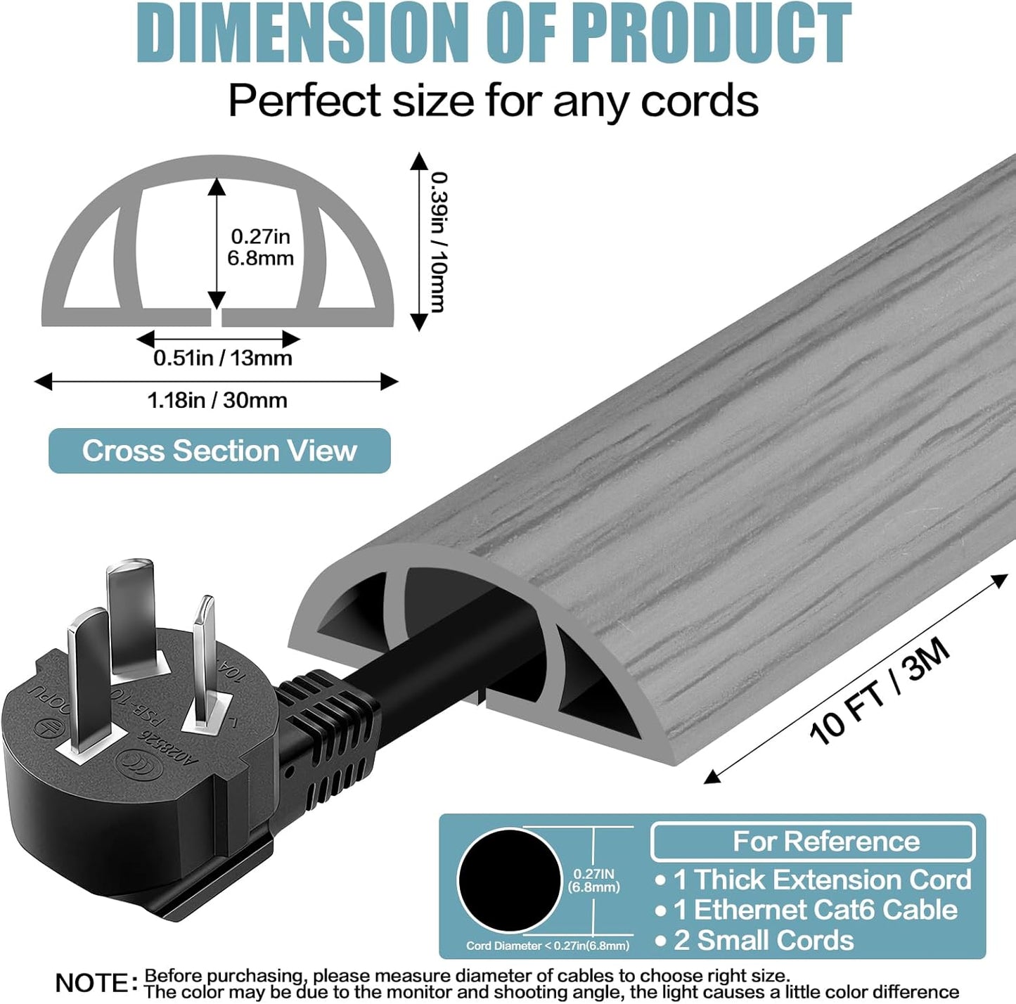 Floor Cord Cover Self Adhesive Cord Hider,10FT Cable Management, Extension Strip Protector for Wires, Prevent Cable Trips for Offices, Gyms, Exhibitions Cavity:0.39"(W) x 0.27"(H) Gray Wood