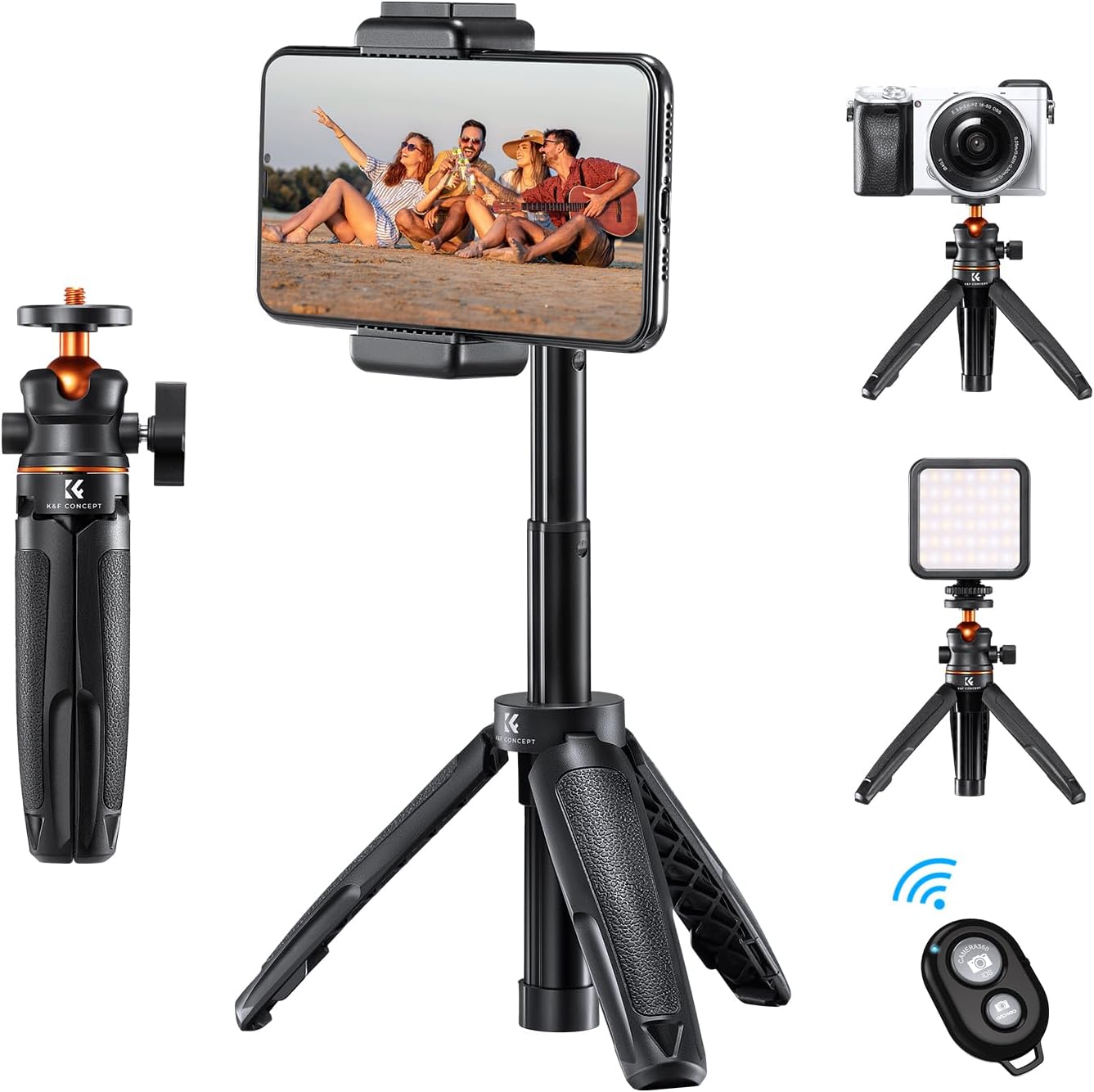 K&F Concept Selfie Stick Tripod, 360 Degree Rotation Mini Phone Stand with Ball Head and Cold Shoe Mount, Cellphone Holder with Wireless Remote for Smartphone Black