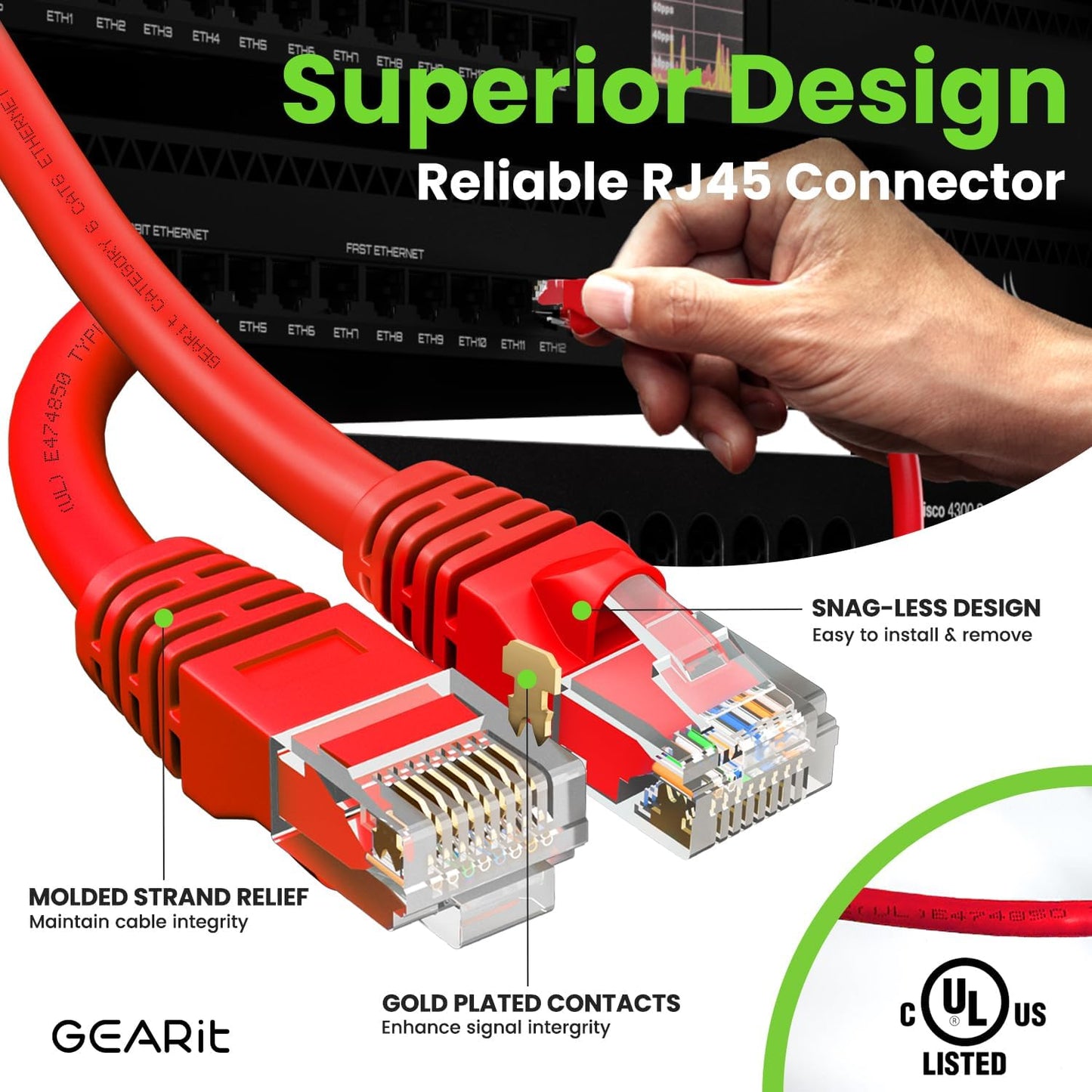 GEARit Cat 6 Ethernet Cable (1-Pack 50 Feet) Cat6 Network Patch, 10Gbps, RJ45, Snagless Cord, Gold-Plated Connectors, Internet for PC, TV, Tablet, Router, Printer, Servers, IT Data Center - Red