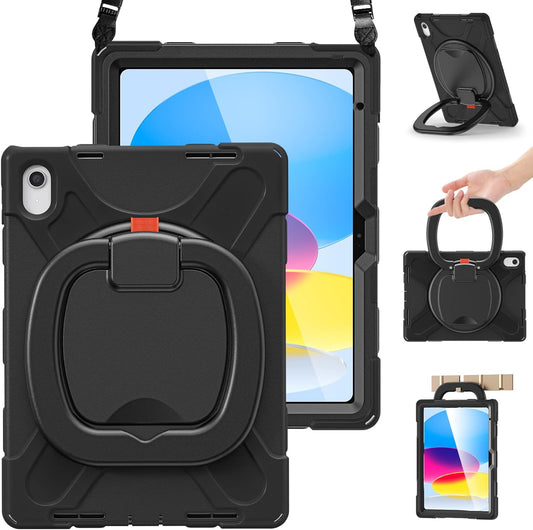 BRAECN Case for iPad (A16) 11th/10th Generation 11”/10.9'' 2025/2022, Protective Silicone Rugged with Screen Protector/Swivel Ring Stand/Stable Kickstand/Handle Grip/Shoulder Strap for Kids, Black