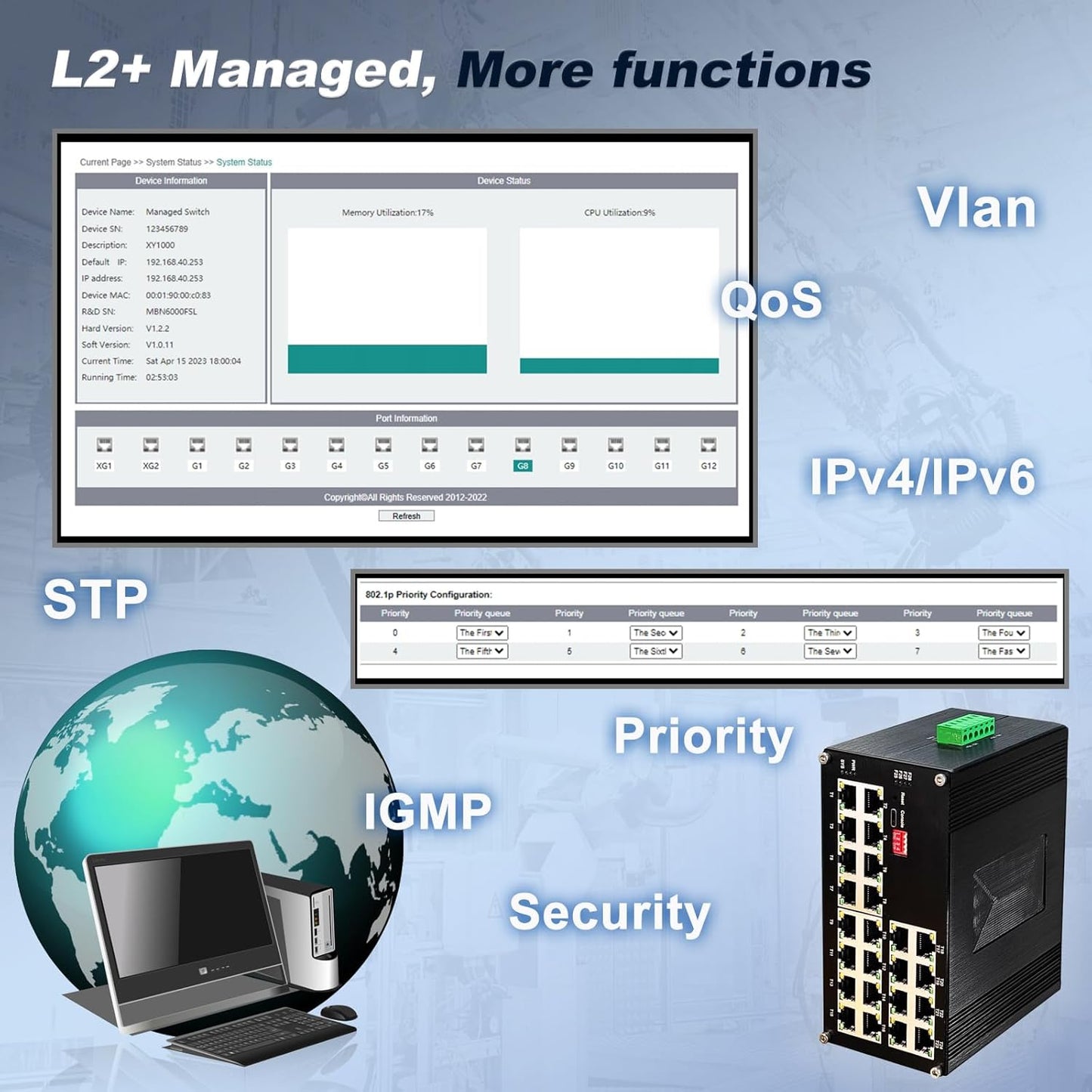 24-Port Gigabit Network Switch, L2+ Managed PoE Ethernet Switch, Support IEEE802.3af/at, Ring Network, VLAN, IPv4/IPv6 Management, Plug and Play, Din-Rail Design