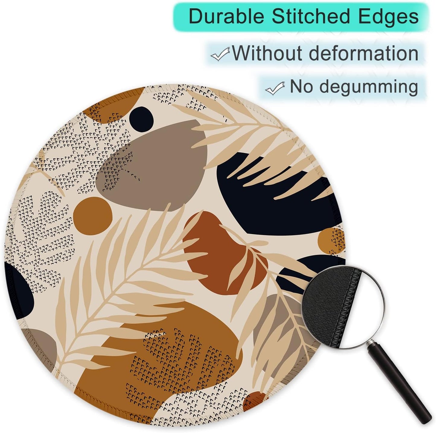 ITNRSIIET Round Mouse Pad with Stitched Edge Premium-Textured Waterproof Non-Slip Rubber Base Desktop Protection Mat Diameter 8.7 inches, Abstract Modern Leaves