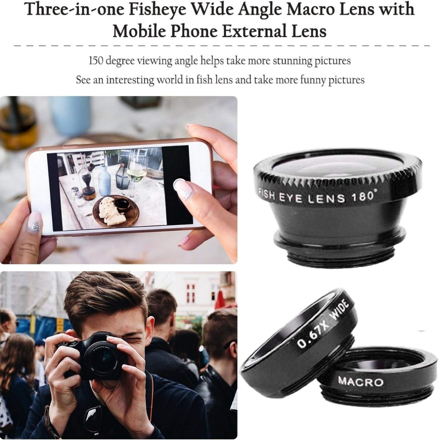 3 in 1 Cell Phone Camera Lens Kit Wide Angle Macro Fisheye Lens Universal for Smart Phones iPhone Samsung Android Black