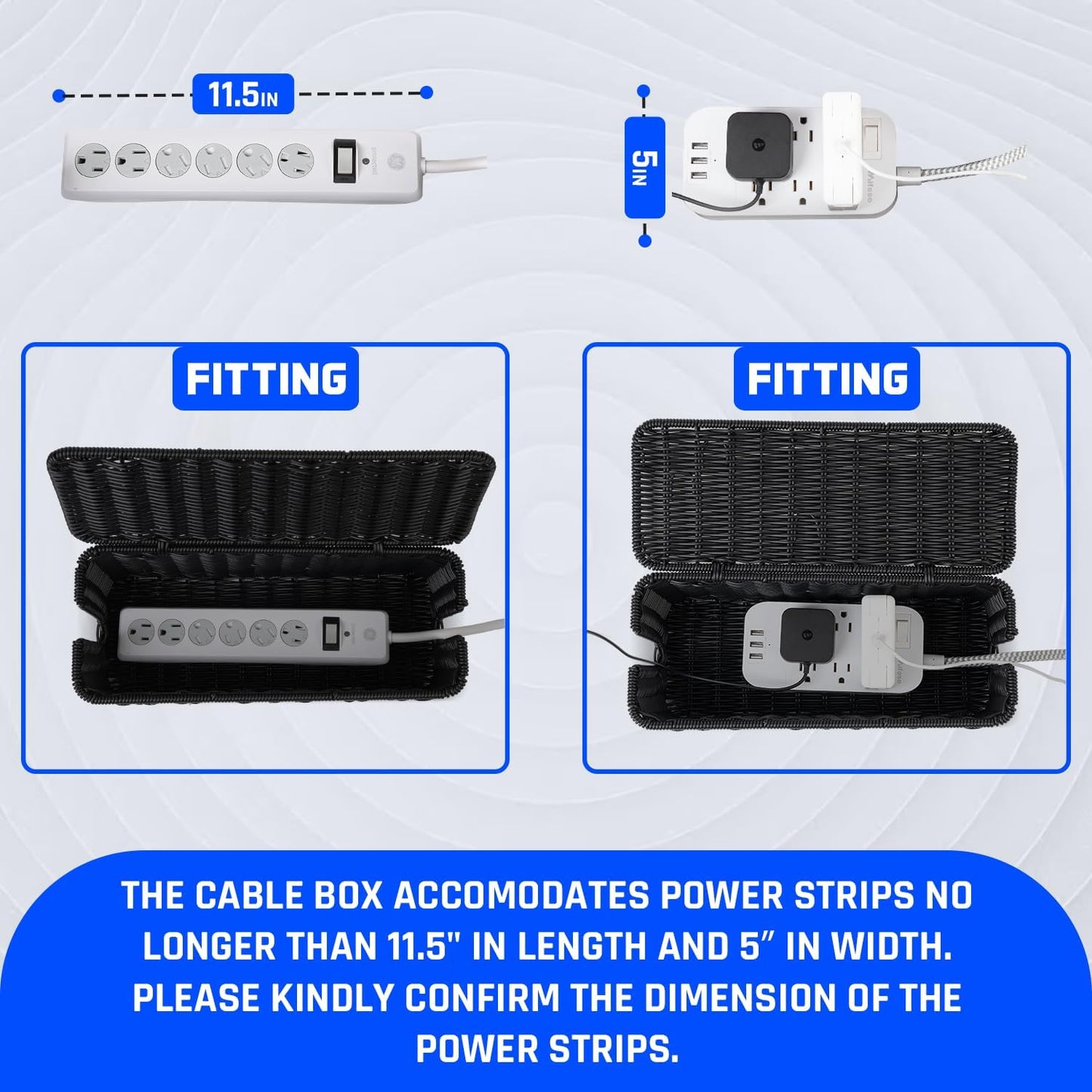 Cable Management Box, Handmade Rattan Cable Organizer, 2 Open Slots Cords Hider Box, Under Desk Cord Organizer for Computer Router USB Hub & Power Strip, Patent Pending, 13" x 5.1" x 5.1", Black