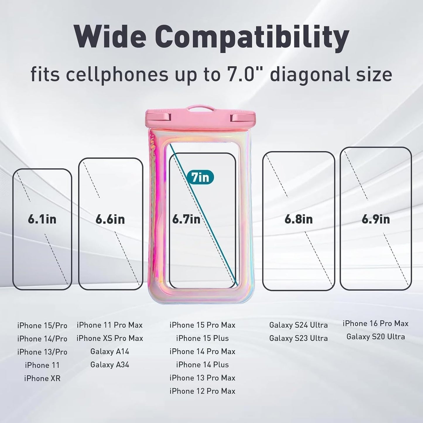 Floatable Waterproof Phone Pouch Case for iPhone 16 Pro Max/15/14/13/12, IP68 Travel Cellphone Dry Bag, Beach Cruise Ship Essentials Bags with Crossbody Lanyard, Iridescent Pink 1 Pack