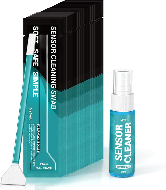 Aocii 20pcs Full Frame Camera Sensor Cleaning Kit, Lens Solution, 24mm Swab, 30ml Cleaner for Sony Nikon Canon FF CCD CMOS (Dust-Free Vacuum Packaging)