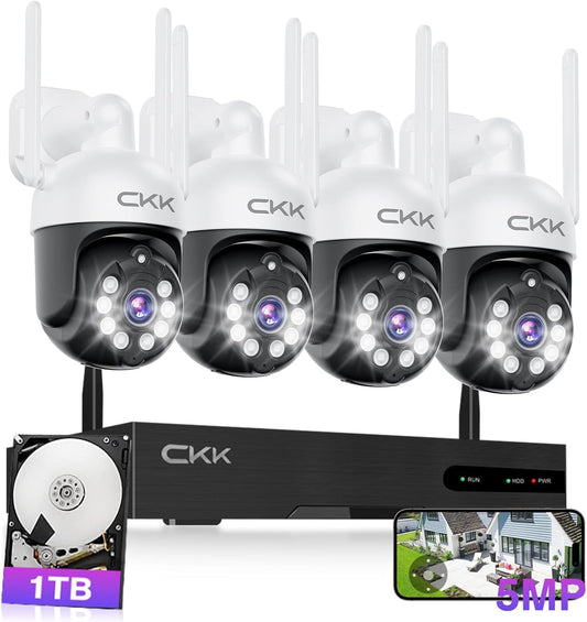 5MP PTZ Security System:CKK 4 PCS Wireless Cameras with 1TB HDD,10-Channel NVR,5G/2.4G WiFi, 2-Way Audio,4K Color Night Vision, Floodlights, Siren, AI Human Detection, Auto Tracking, 24/7 Surveillance
