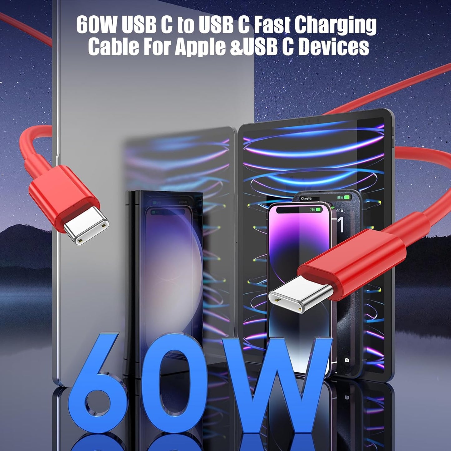 3-Pack Red [3.3FT+6.6FT+10FT] 60W USB C to USB C Cable, Type C Fast Charging Cable for iPhone 15/16, Galaxy S23/S24, iPad Pro/Air, MacBook Pro/Air and More