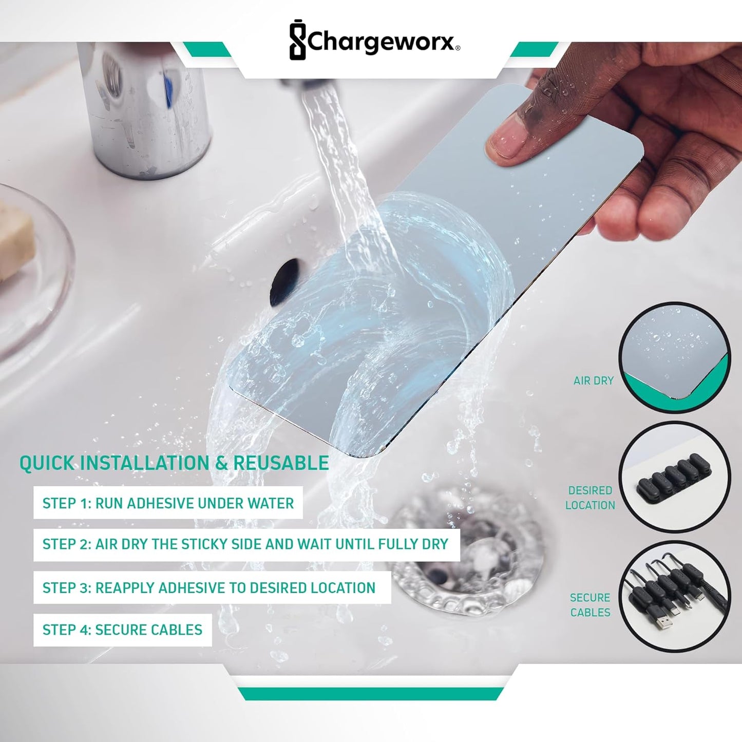 ChargeWorx Pack of 5 Magnetic Cable Clips, Cord Organizer for Office Desk, Nightstand, Car, or Wall, Adhesive Wire Holder for USB-C, Micro-USB, and Lightning Cables, Magnet Clips for Cable Management