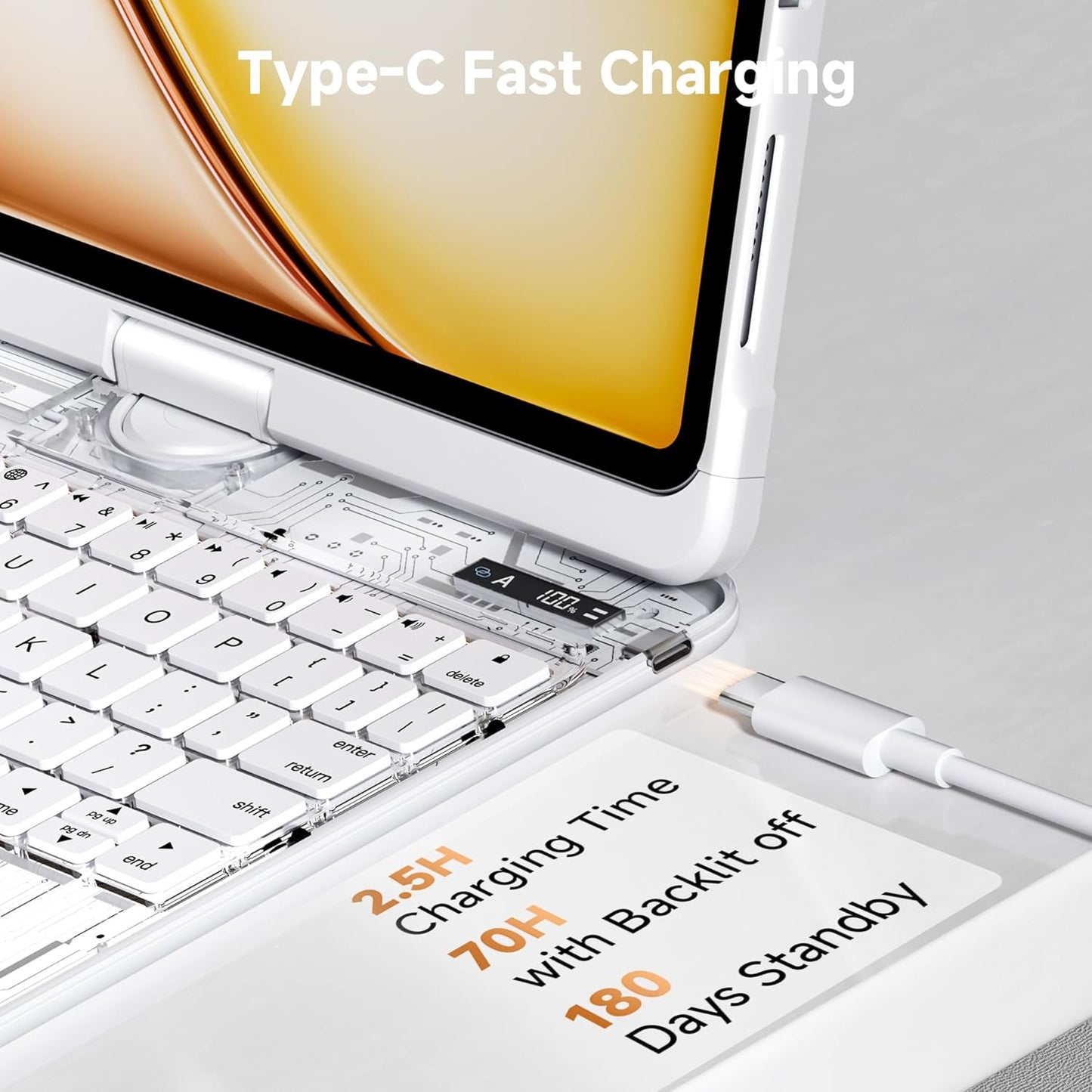 iPad Keyboard Case for 2024 M4 iPad Pro 13 inch, Magic Wireless Keyboard with Trackpad 7 Color Backlit, 360° Rotating Stand Transparent Protective Cover with Pencil Holder (White)