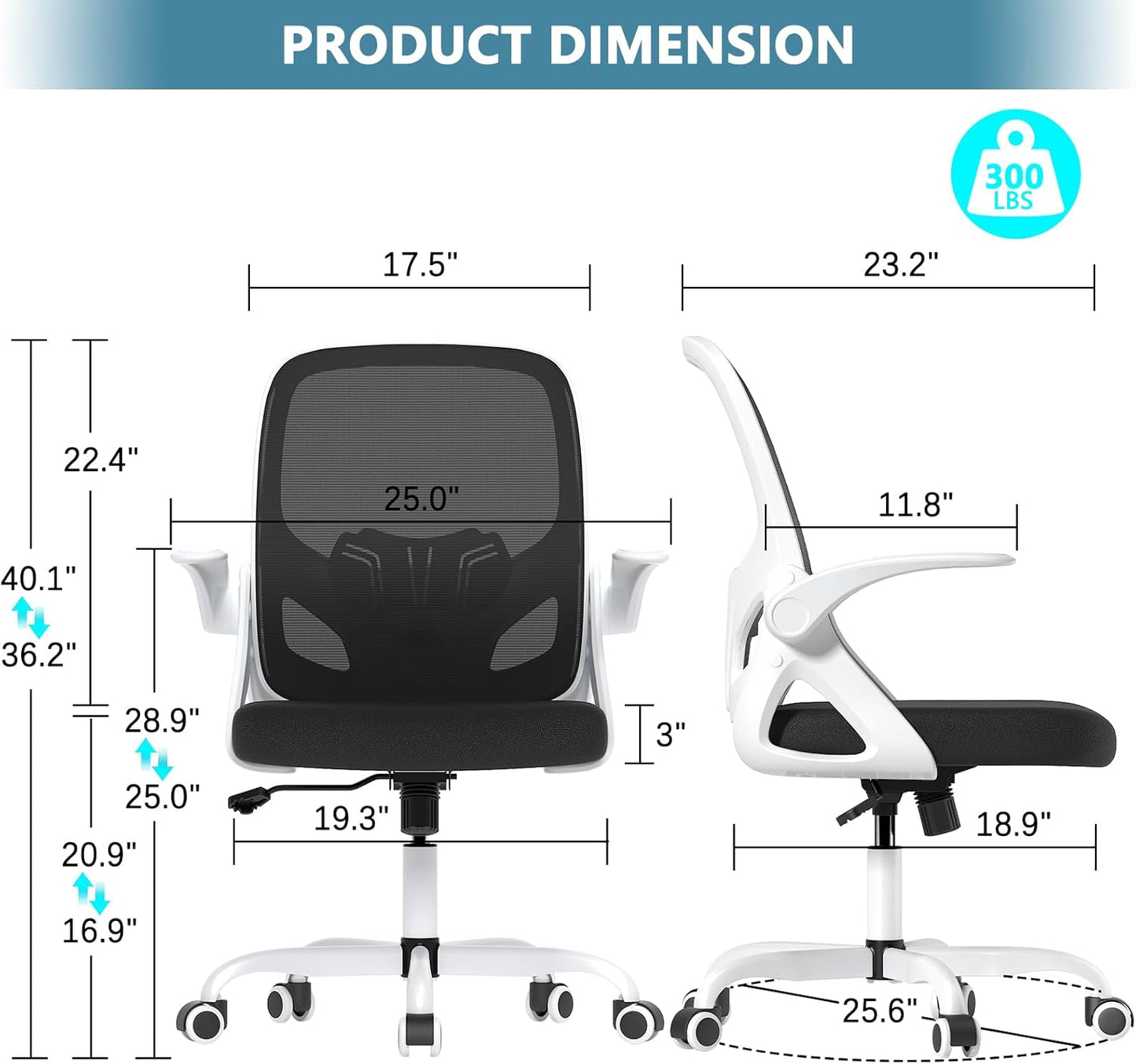 Home Desk Chair with Back Supportive Lumbar Support, Breathable Double Mesh Cushion Home Desk Office Chair with Flip up Arms, Modern Ergonomic Home Desk Office Chair for Work(White)