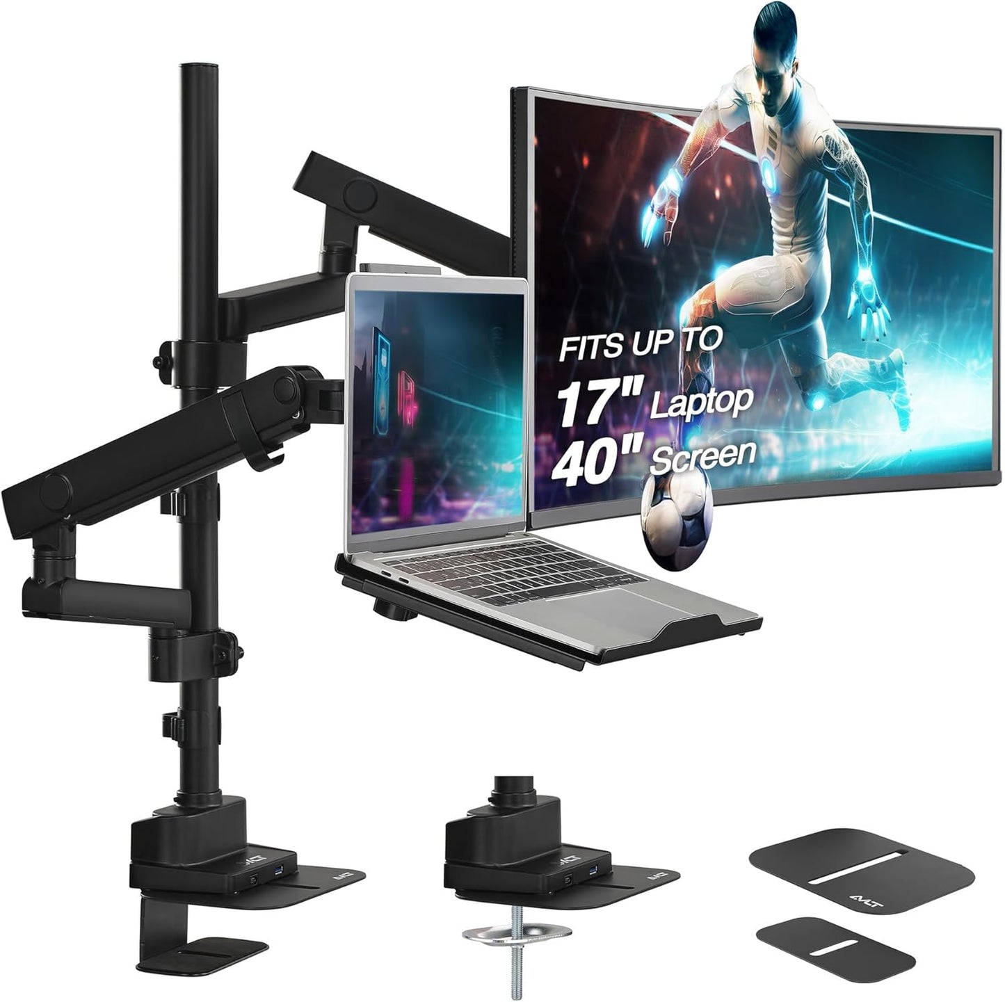 AVLT Laptop & 40 Inch Monitor Arm Pole Top Mount With USB-C USB-A Ports-Black, VESA Compatible, Supports 26.4 lbs (12 kg), Ultrawide Screen Fit, Adjustable Height, Tilt Swivel Rotate, Cable Management