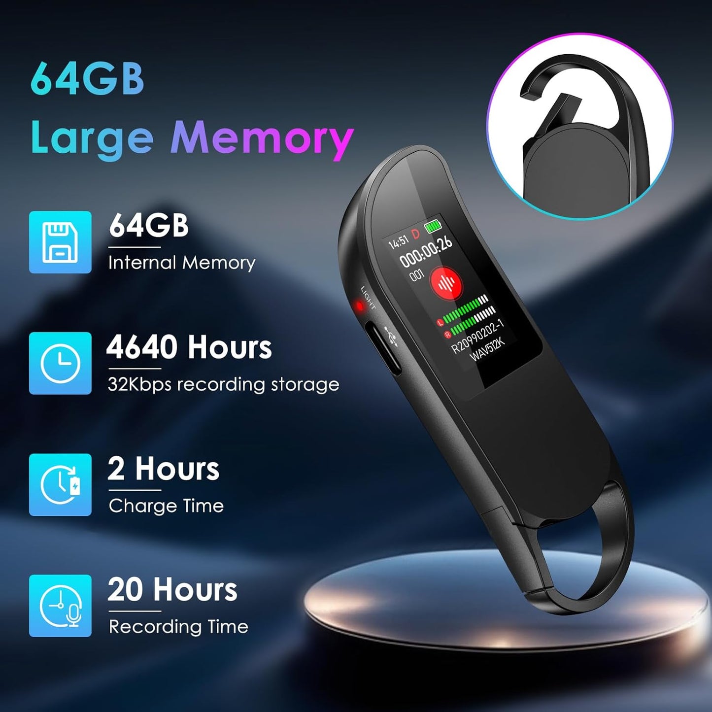 64GB Digital Voice Recorder, Vandlion Recording Device with AI Noise Reduction, 1536Kbps Crystal Audio & Password Protection for Conference/Lectures/Classroom/Interviews