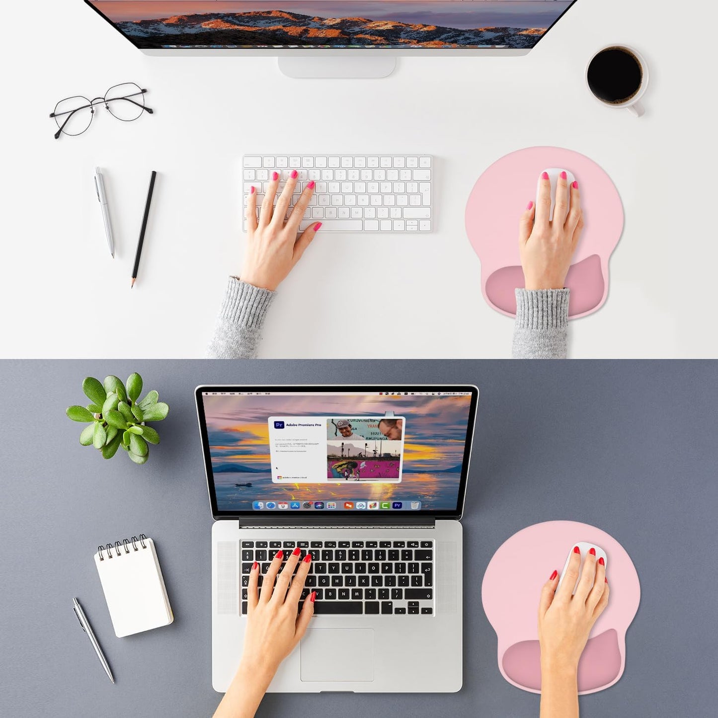 ITNRSIIET Ergonomic Mouse Pad with Wider Memory Foam Wrist Rest +17% - Curved Cushion Reduces Pressure 20%, Pain Relief, Non-Slip, Smooth, Cute Colors, 9.85 x 9 in, Pink Accent
