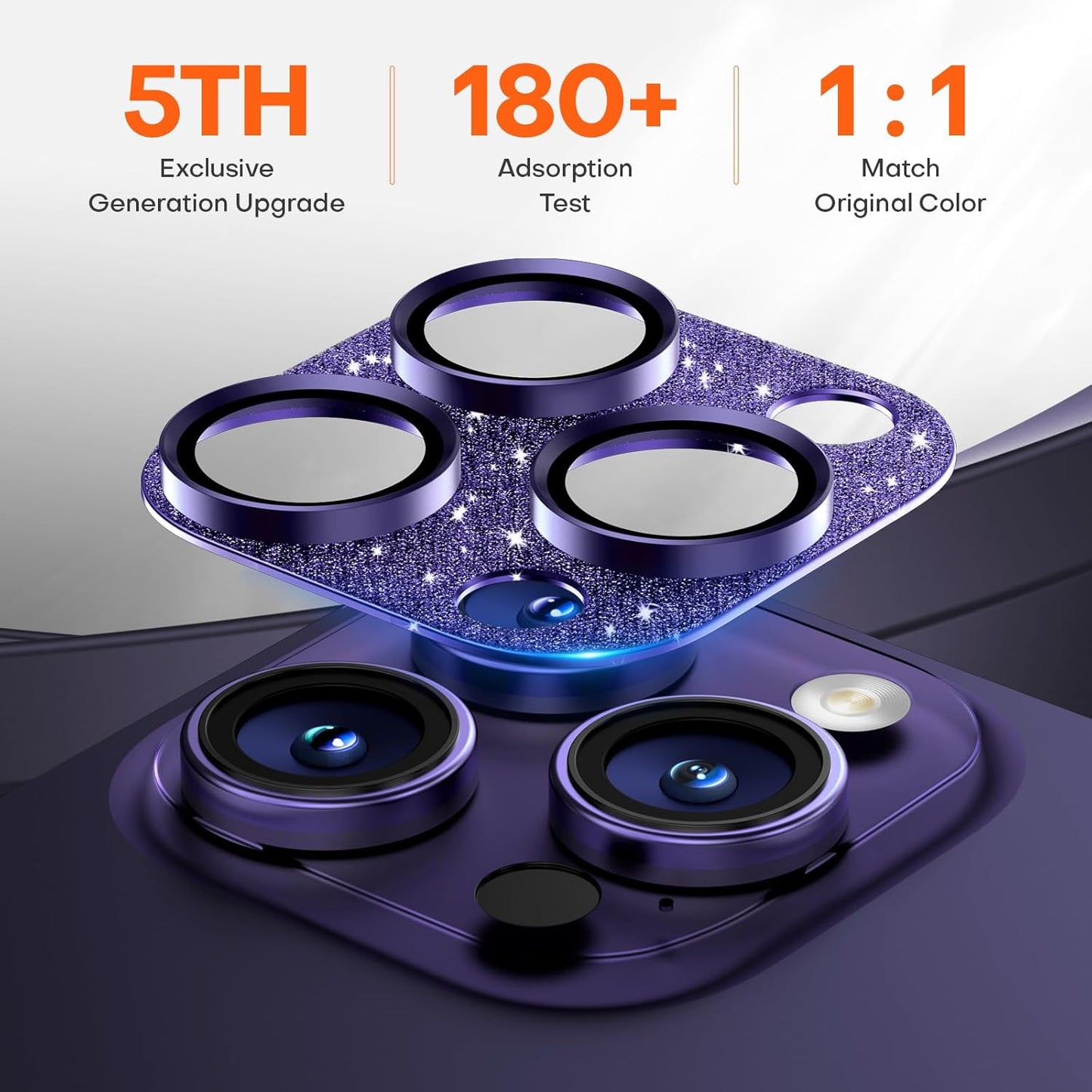 Camera Lens Protector for iPhone 16 Pro Max/16 Pro/15 Pro Max/15 Pro/14 Pro Max/14 Pro, Aluminum Alloy Sapphire Glass Camera Screen Cover, Case Friendly- Glitter Purple
