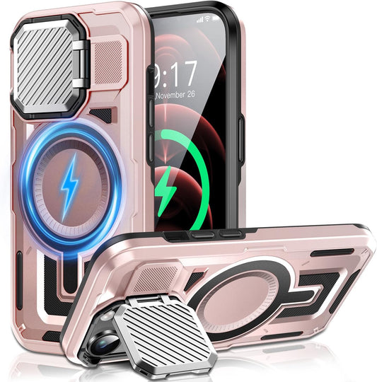 Camera Stand Case for iPhone 12 Pro Max, [Compatible with Mag Safe] [Lens Cover] 2024 Version Military Grade Protective Soft Case for iPhone 12 Pro Max 6.7 inch Men Women, Pink