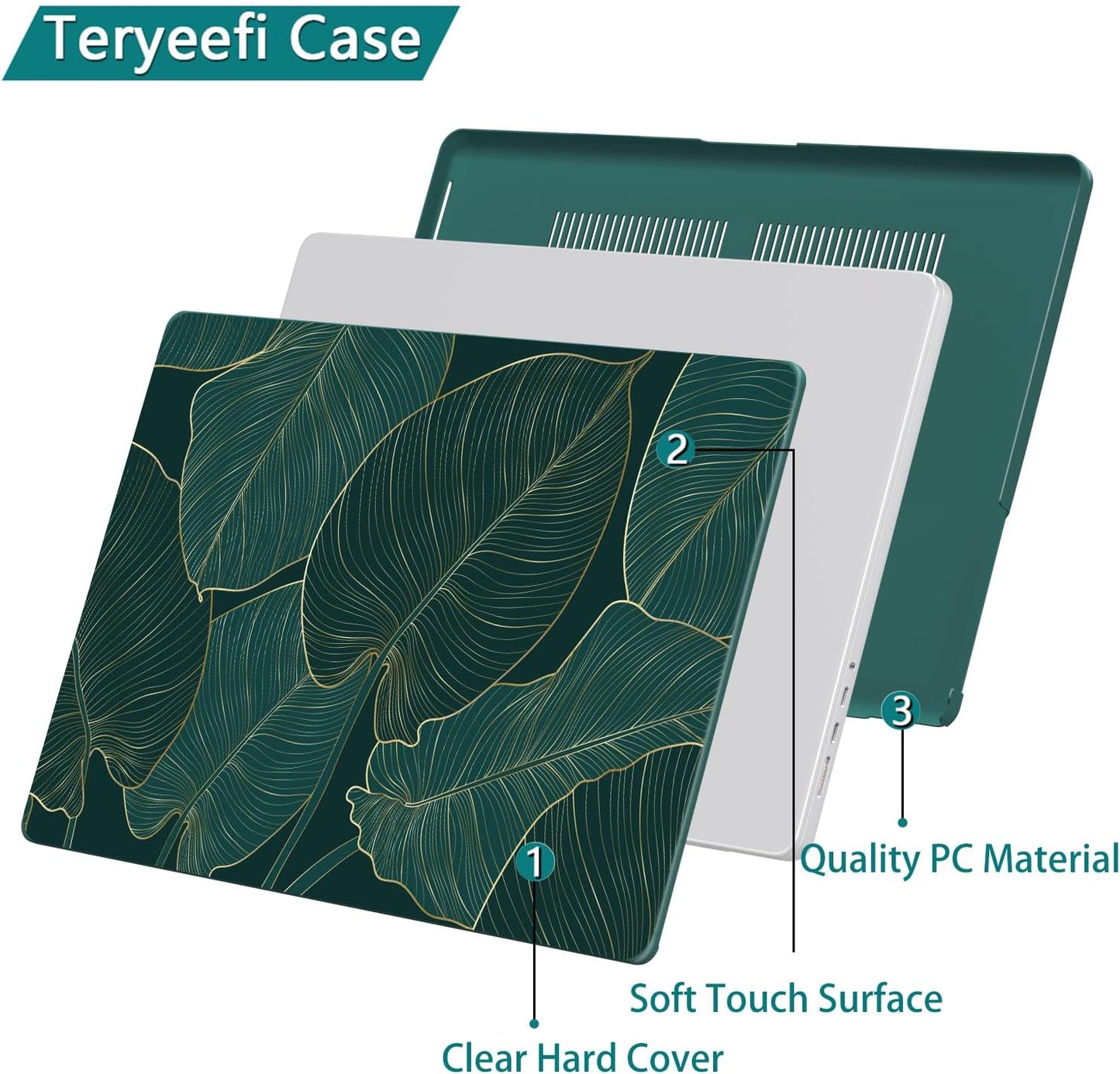 Teryeefi Pattern Case for MacBook Pro 14 inch Case 2025-2021 M4 M3 M2 M1 Pro/Max, Fit Model A3401 A3112 A2992 A2918 A2779 A2442 Protective Hard Shell +Keyboard Cover+Screen Protector - Green Leaf