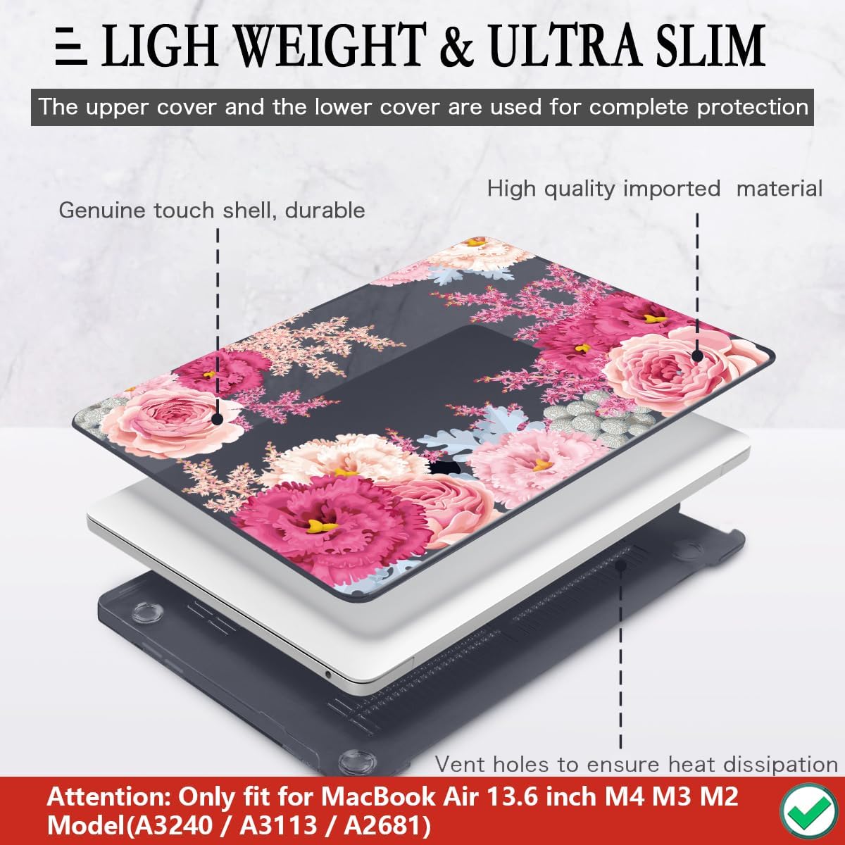 CISSOOK Laptop Cover, Hard Shell Case with Keyboard Cover for MacBook Air 13.6 inch M3 A3113 & M2 A2681, Gorgeous Flowers