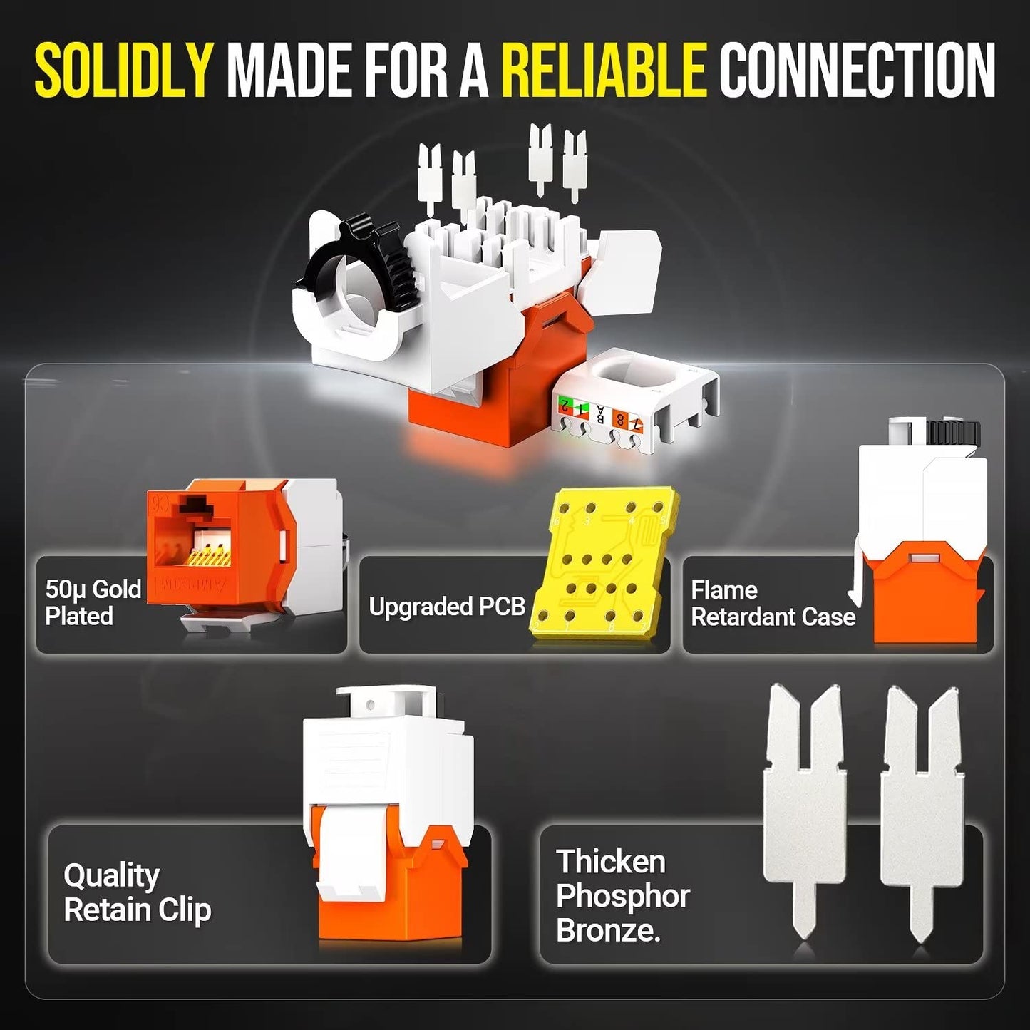 AMPCOM CAT6 RJ45 Keystone Jack - Reusable UTP Ethernet Wall Jack with Adjustable Ratchet Lock Design, No Tool and Zip Tie Required - 50u Gold Plated - Orange (2-Pack)