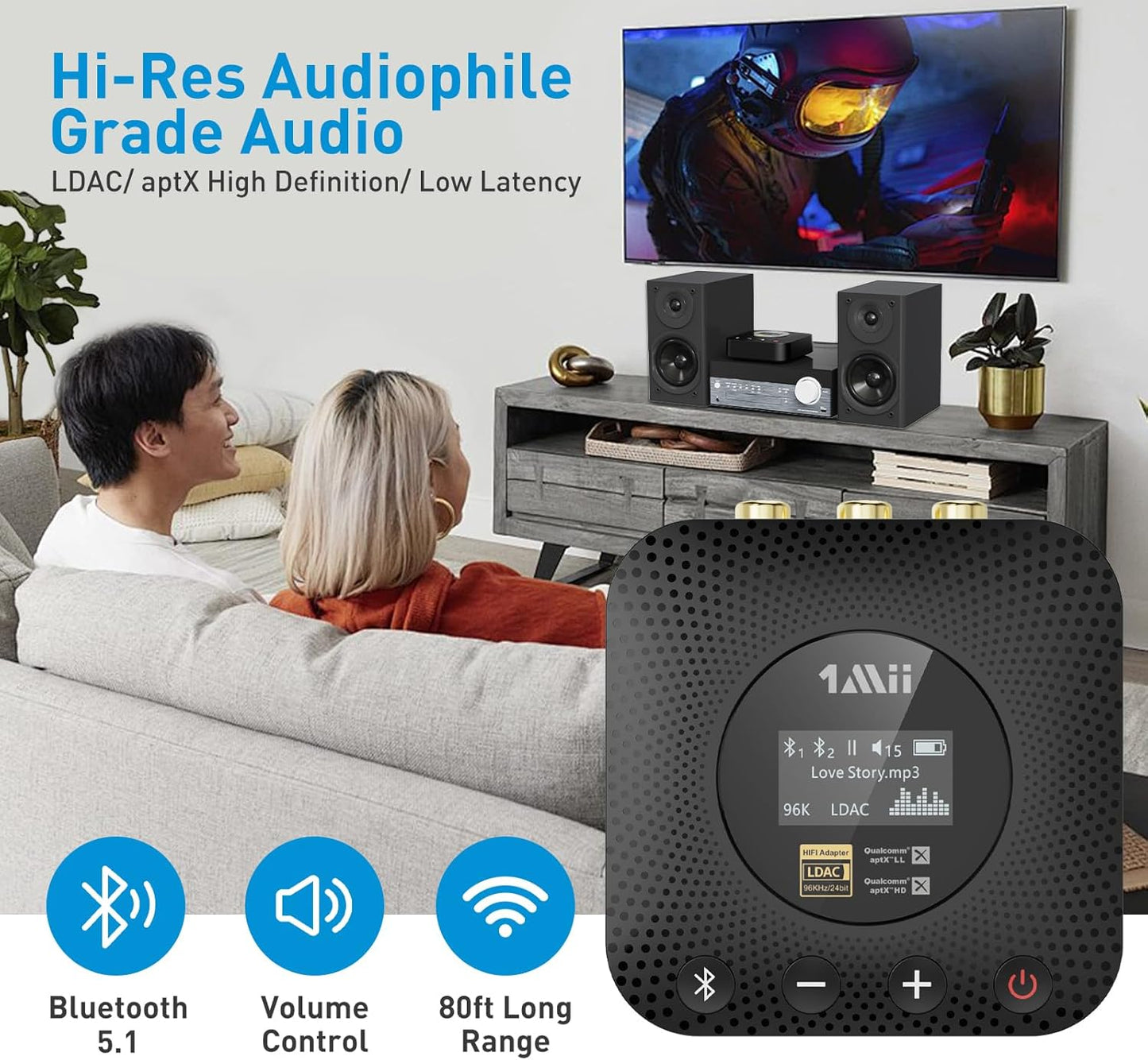 1Mii B06HD+ Hi-Res Bluetooth 5.1 Music Receiver for Home Stereo w/LDAC, Hi-Fi Bluetooth Adapter w/Audiophile DAC aptX HD Volume Control OLED Display, Wireless Audio Adapter for AV Receiver/Amplifier