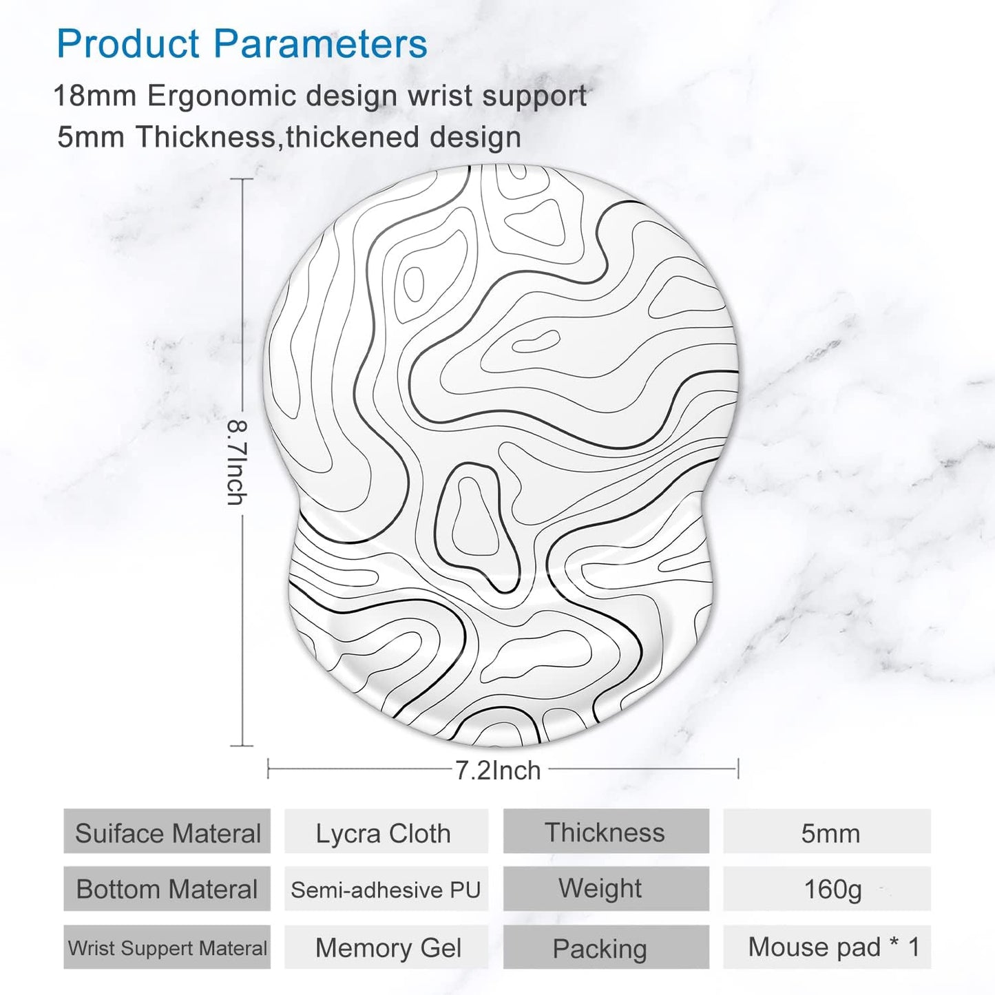 ITNRSIIET Ergonomic Mouse Pad with Gel Wrist Support Small Wrist Rest Smooth Surface Non-Slip PU Base Comfortable Office Supplies Pain Relief, 8.7 x 7.2 inches, Topographic Contour White