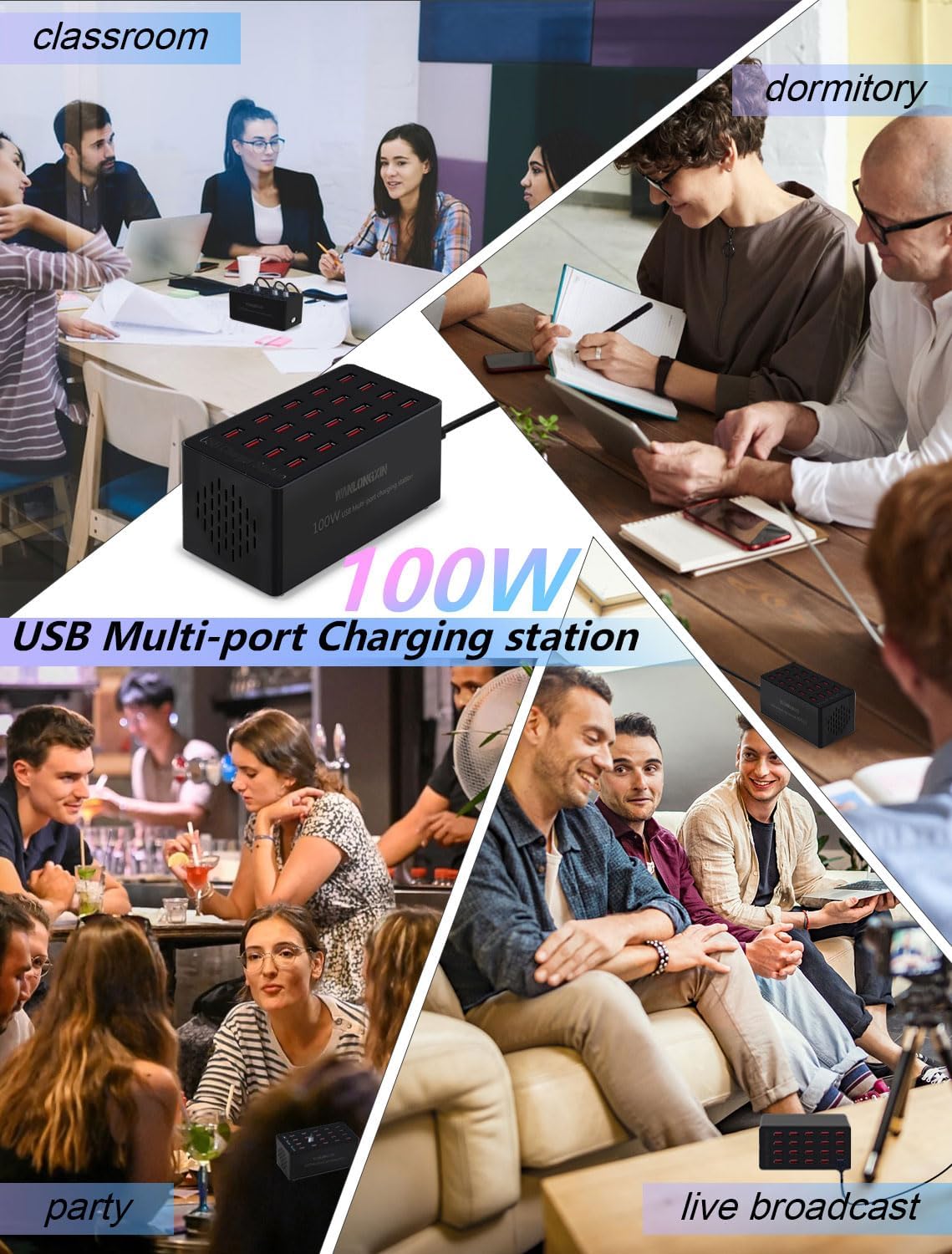 Charging Station, 100W20Port USB Charging Station, Multiple USB Charger Station, Charging Station for Multiple Devices, Multi USB Charging Station, Chargers for Multiple Devices, black