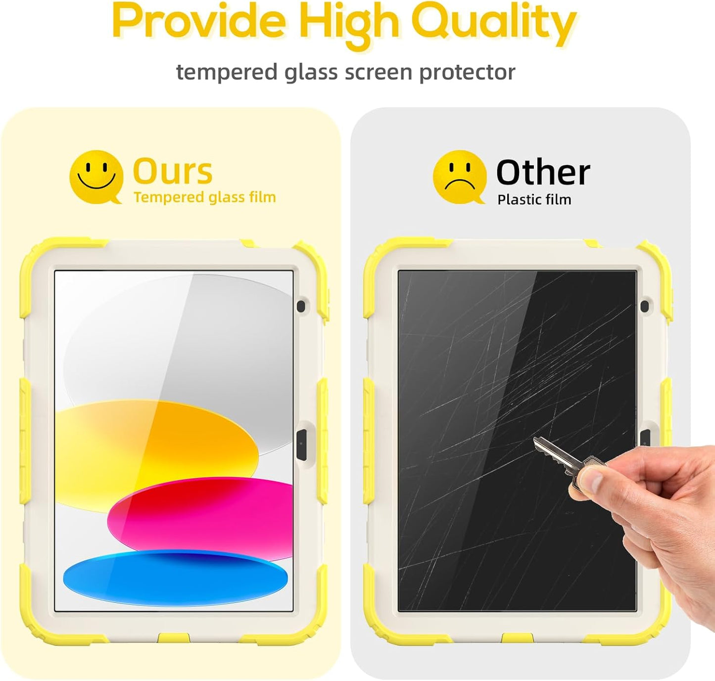 BLOSOMEET Case for iPad A16 11th/10th Generation 11''/10.9'' 2025 2022 with Tempered Glass Screen Protector, Rugged Cute Girls Boys Cover with Stand Hand Shoulder Strap, Fashion Yellow