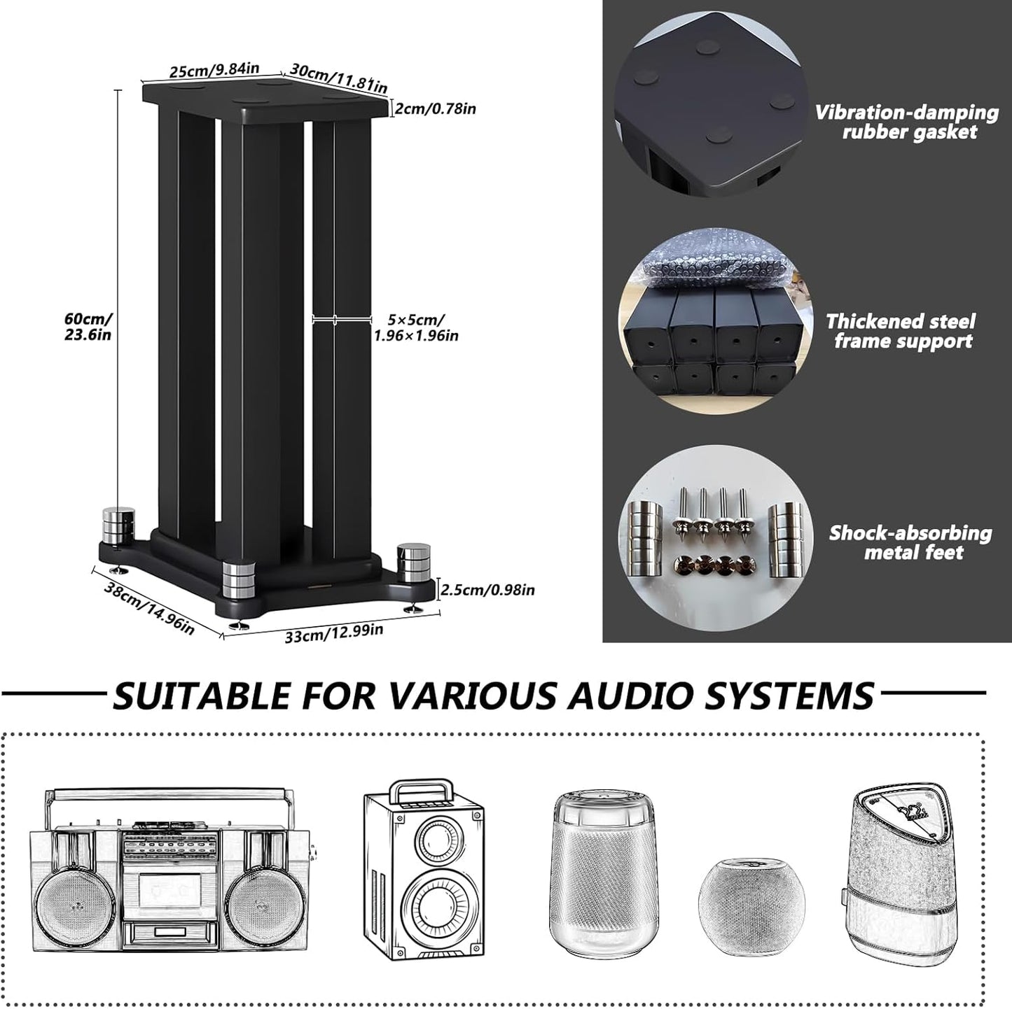A Pair of Speaker Stands, Bookshelf Speaker Stand Steel Frame Support for Speakers up to 40 kg, Vibration-Absorbing MDF Design, Universal Speaker Stand Improves Sound Quality (50cm/19.6in)