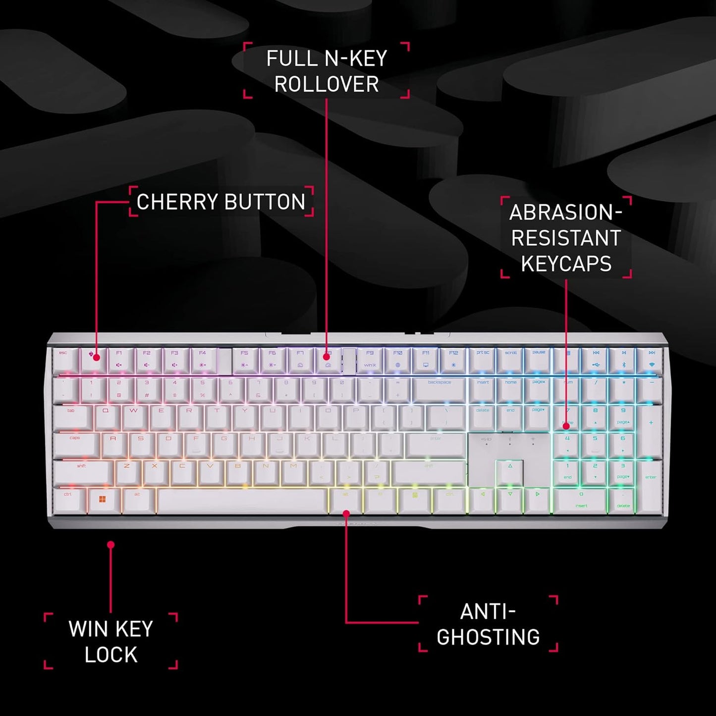 Cherry MX 3.0S Wireless Mechanical Gaming Keyboard. Aluminum Housing Built for Gamers w/MX Brown or Red Switches. RGB Backlit Color Display Over 16m Colors. (White w/MX Red Switches)