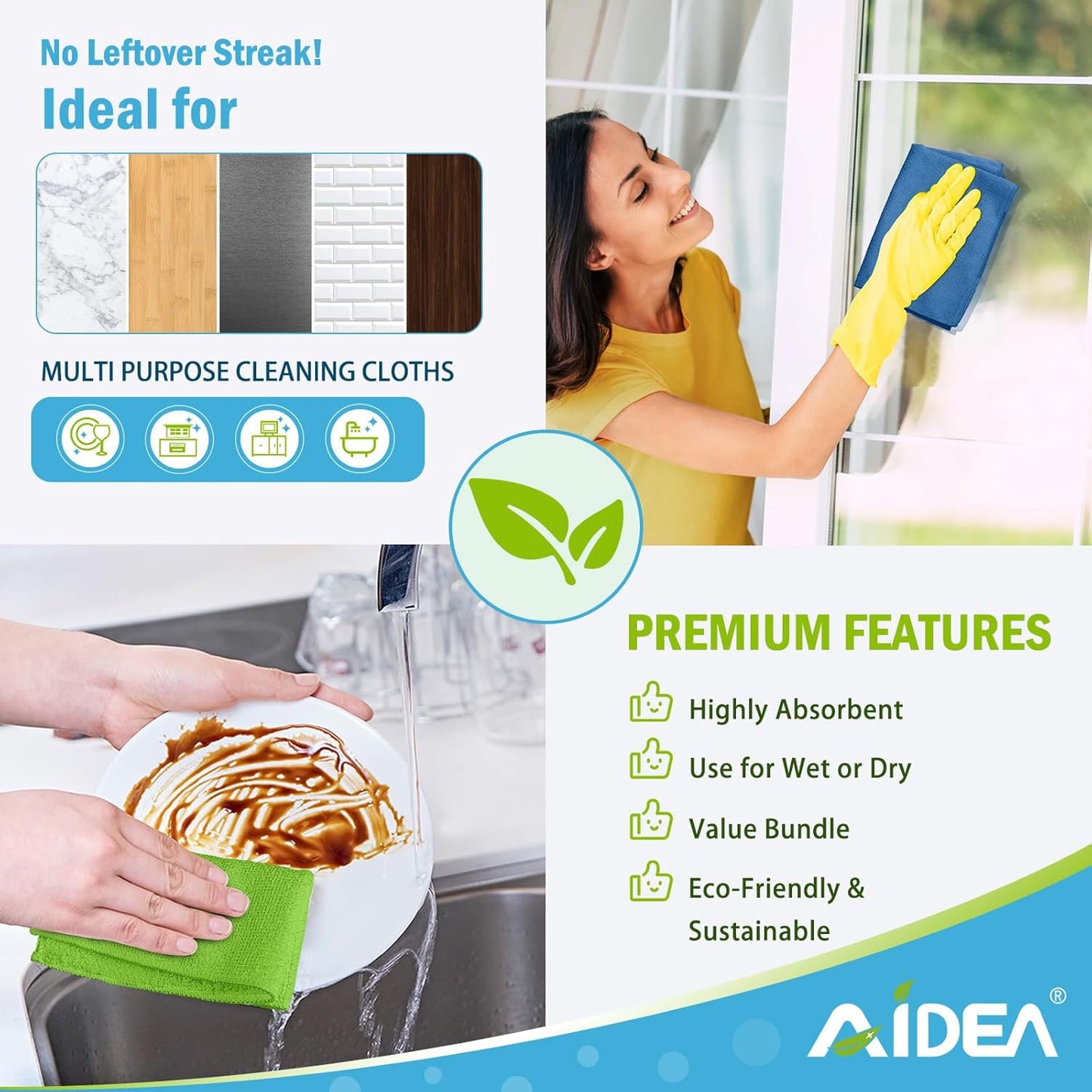 AIDEA Microfiber Cleaning Cloth 100PK, Soft Absorbent Rags, Microfiber Towels for Cars, Kitchen Towels, Dusting Cloth for Home, Window, Cleaning Supplies,12"×12"