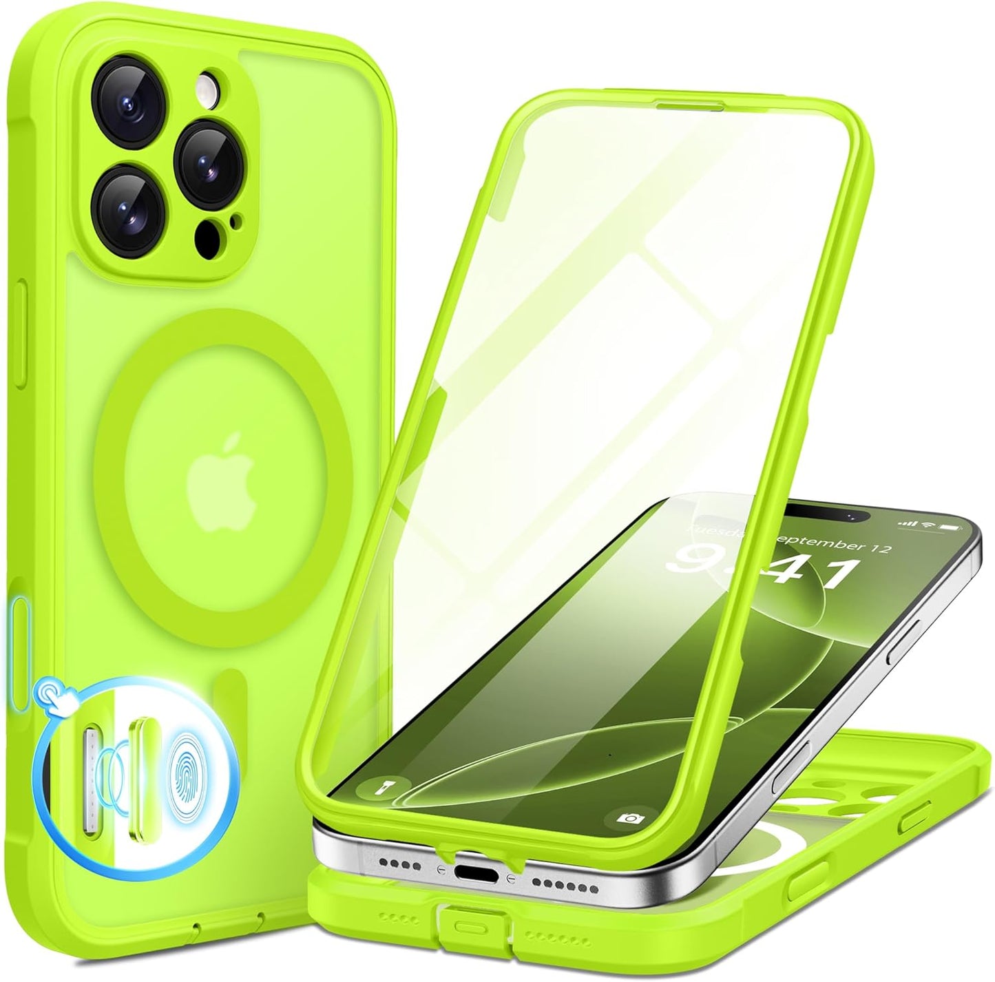 BERFY Magnetic for iPhone 16 Pro Case, Compatible with MagSafe, [Built-in 9H Tempered Glass Screen Protector & Upgraded Camera Protection] Full Body Shockproof Phone case for 16 Pro 6.3", Bright Green