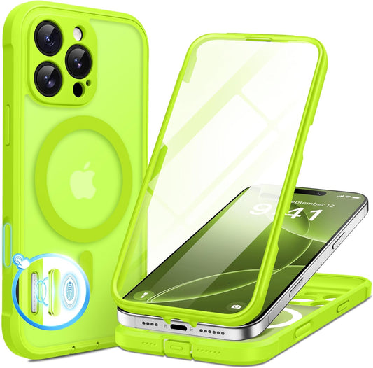 BERFY Magnetic for iPhone 16 Pro Case, Compatible with MagSafe, [Built-in 9H Tempered Glass Screen Protector & Upgraded Camera Protection] Full Body Shockproof Phone case for 16 Pro 6.3", Bright Green