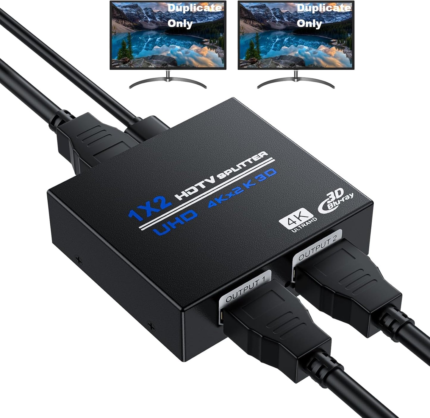 HDMI Splitter 1 in 2 Out 4K, 1x2 Powered HDMI Multi-Port Adapter for Dual Monitor, Support 4K UltraHD 3D HDR, Duplicate/Mirror Screens, Ideal for Xbox Ps5 Ps4 Ps3 Fire Stick Blu-Ray Player HDTV