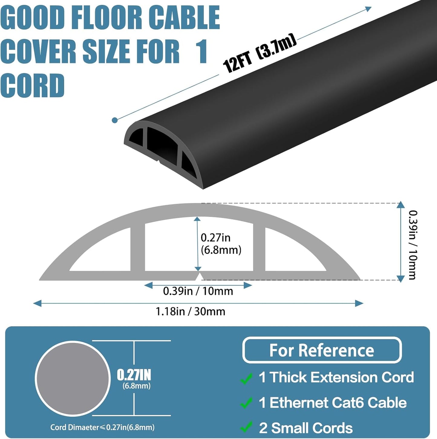Floor Cord Covers for Wires 12FT Cable Hider Wire Cover Self Adhesive Cord Hider Floor for Offices, Homes, Workshops, Warehouses Cable Cavity 0.39" W x 0.27" H