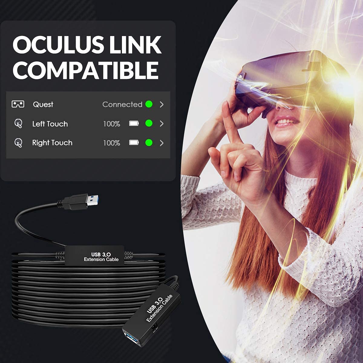 50FT USB 3.0 Extension Cable,Active Type A-Male to A-Female Extender Cord, 2 Signal Boosters,Compatible Oculus Quest 2/3 VR,Printer, Webcam,Xbox, PS4 and More,