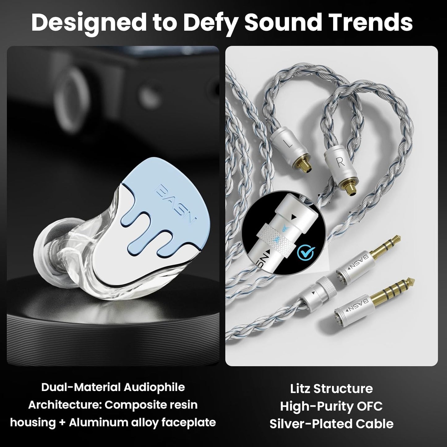 BASN BmasterX in Ear Audio Monitor, Hybrid 6 Drivers IEM Earphones with Crystal Clear Sound, Detachable Cable Plus Carrying Case & Fit Kit for Musician, Stage, Studio (3.5mm/4.4mm Jack, Blue/White)