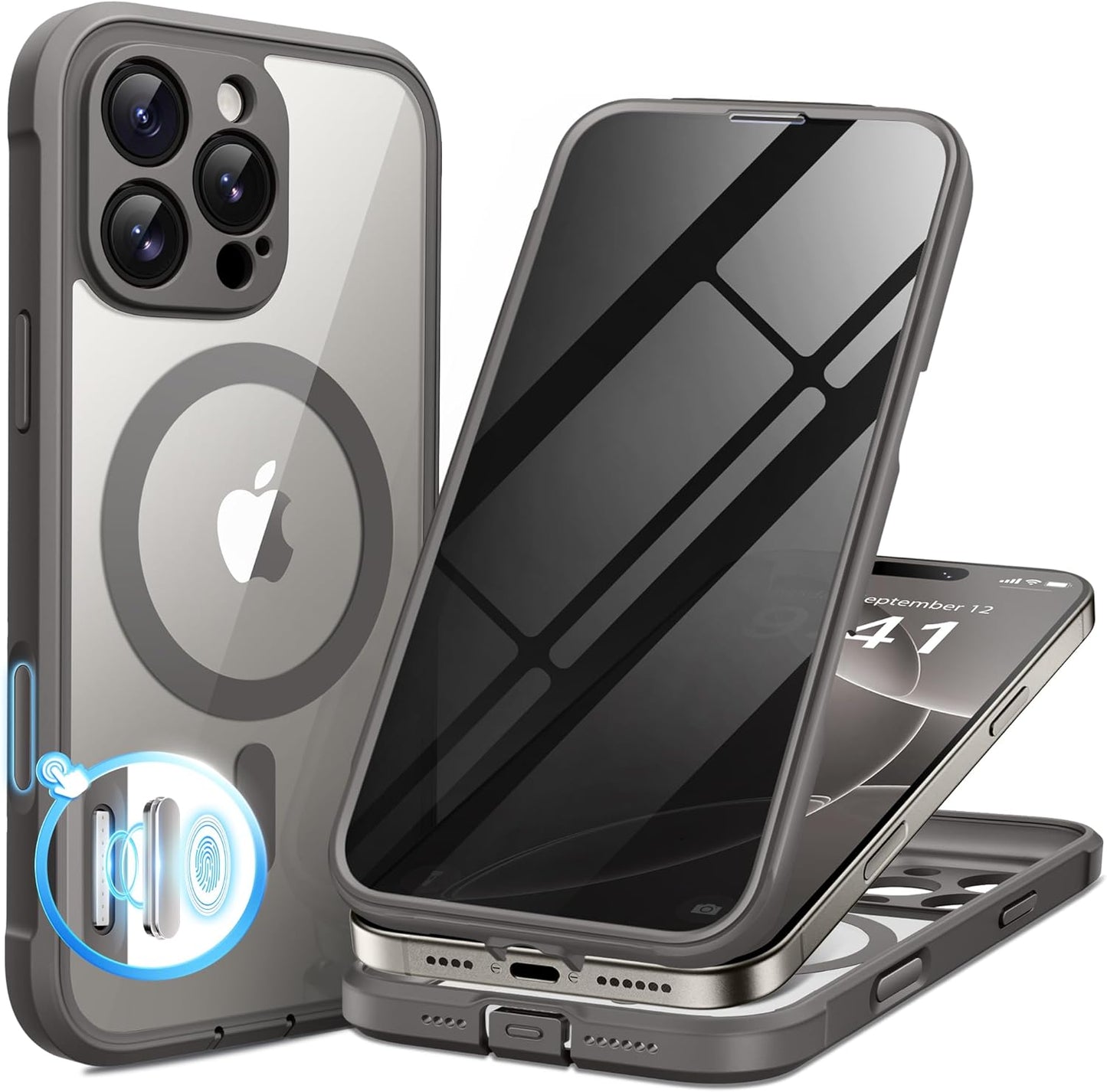 BERFY Magnetic for iPhone 16 Pro Case, Compatible with MagSafe, Built-in Privacy Screen Protector and Upgraded Camera Protection, Anti-Spy Full Body Shockproof Phone Case for 16 Pro 6.3", Grey